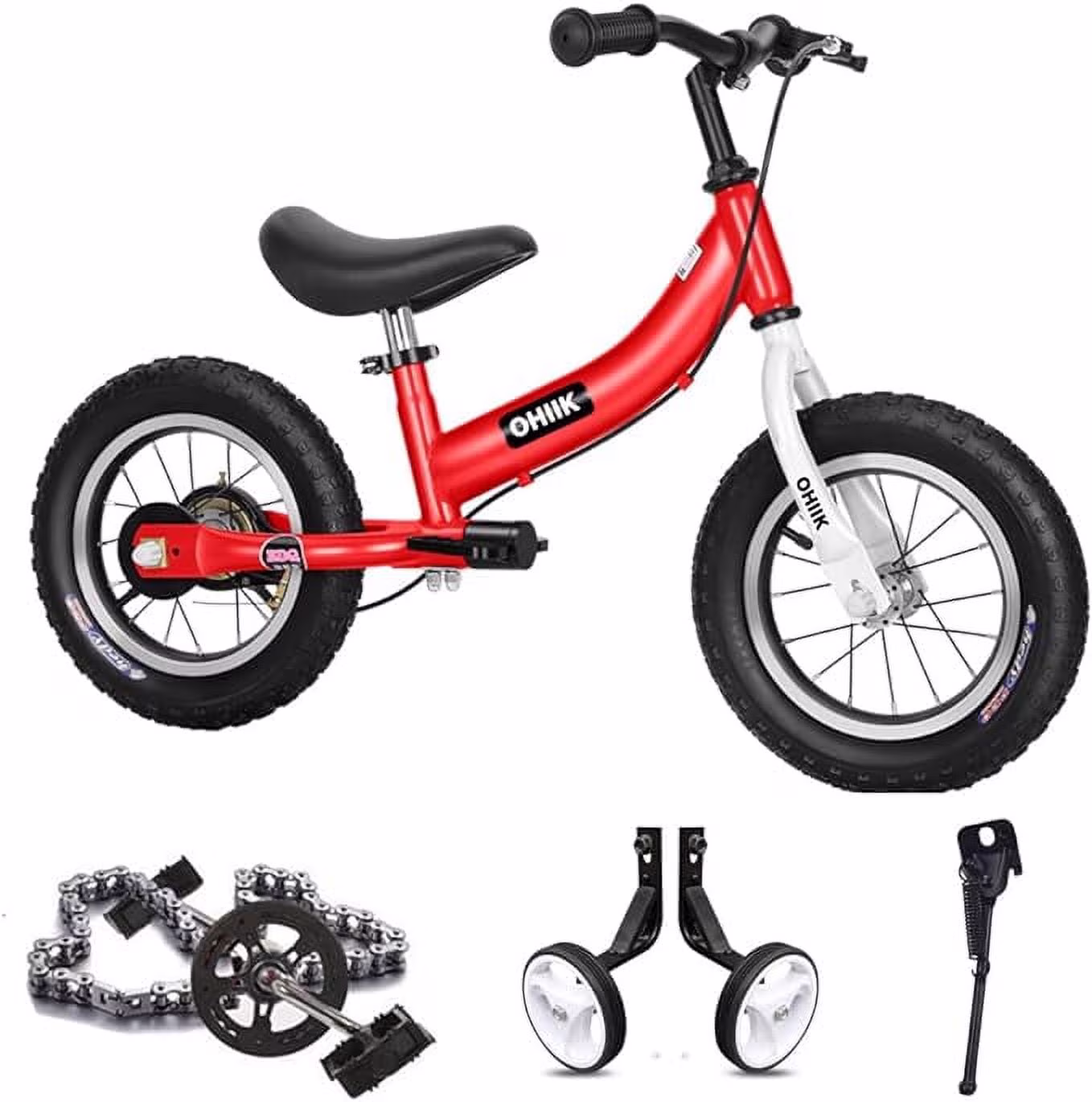 OHIIK 2 in 1 Adjustable Seat and Handlebar Kids Balance Bike with Pedal Kit and Training Wheels, Red