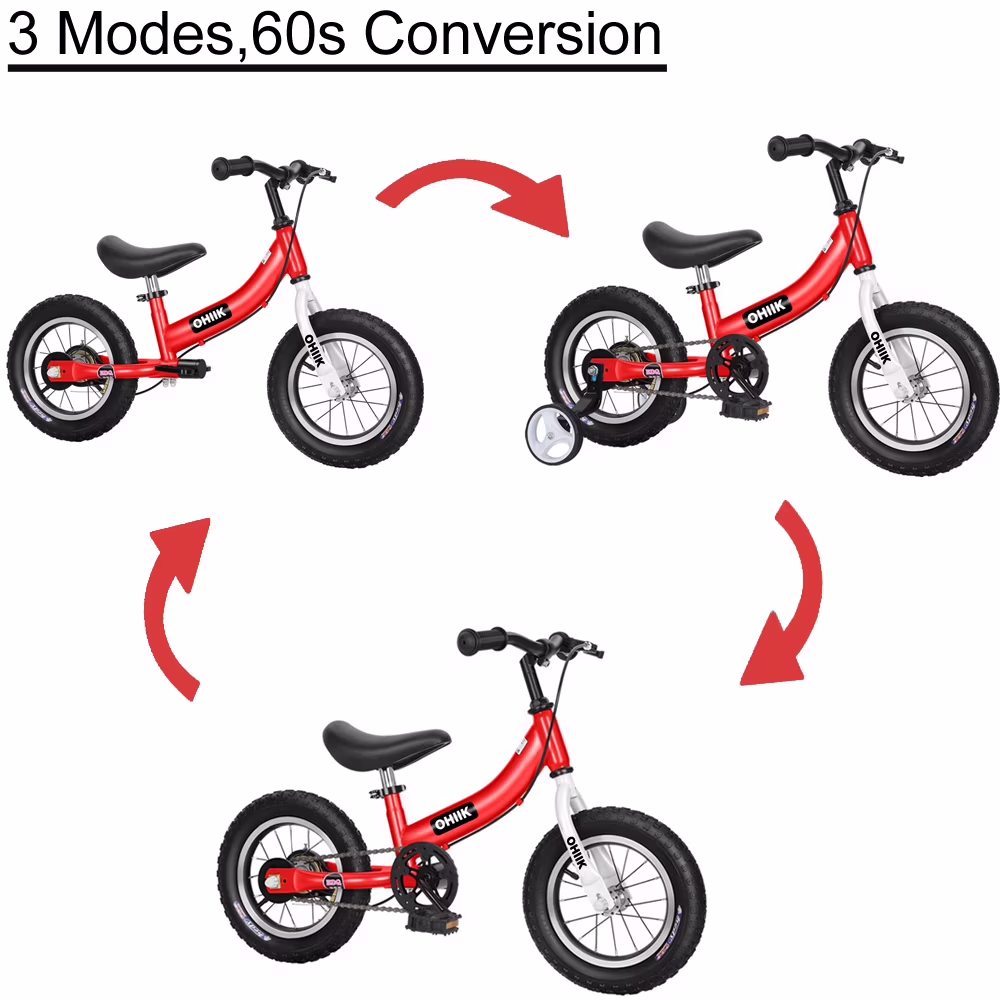 OHIIK 2 in 1 Adjustable Seat and Handlebar Kids Balance Bike with Pedal Kit and Training Wheels, Red - Image 5
