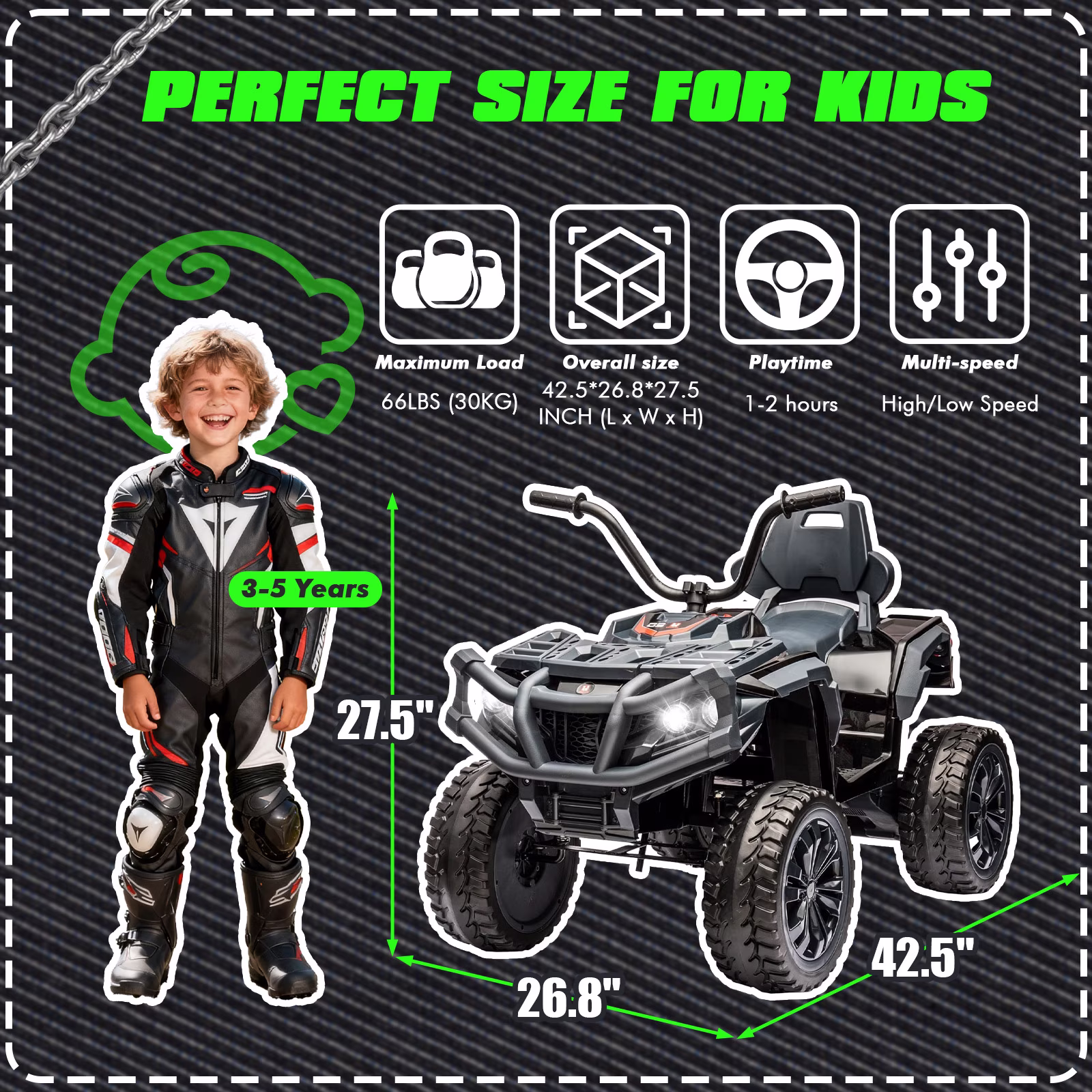 Okybaby 12V Kids Ride on Electric ATV with Dual Motor, Off Road Ride on Toy Cars with 2WD,MP3,LED Lights, Kids Electric ATV for Toddlers Aged 3+, Black - Image 3