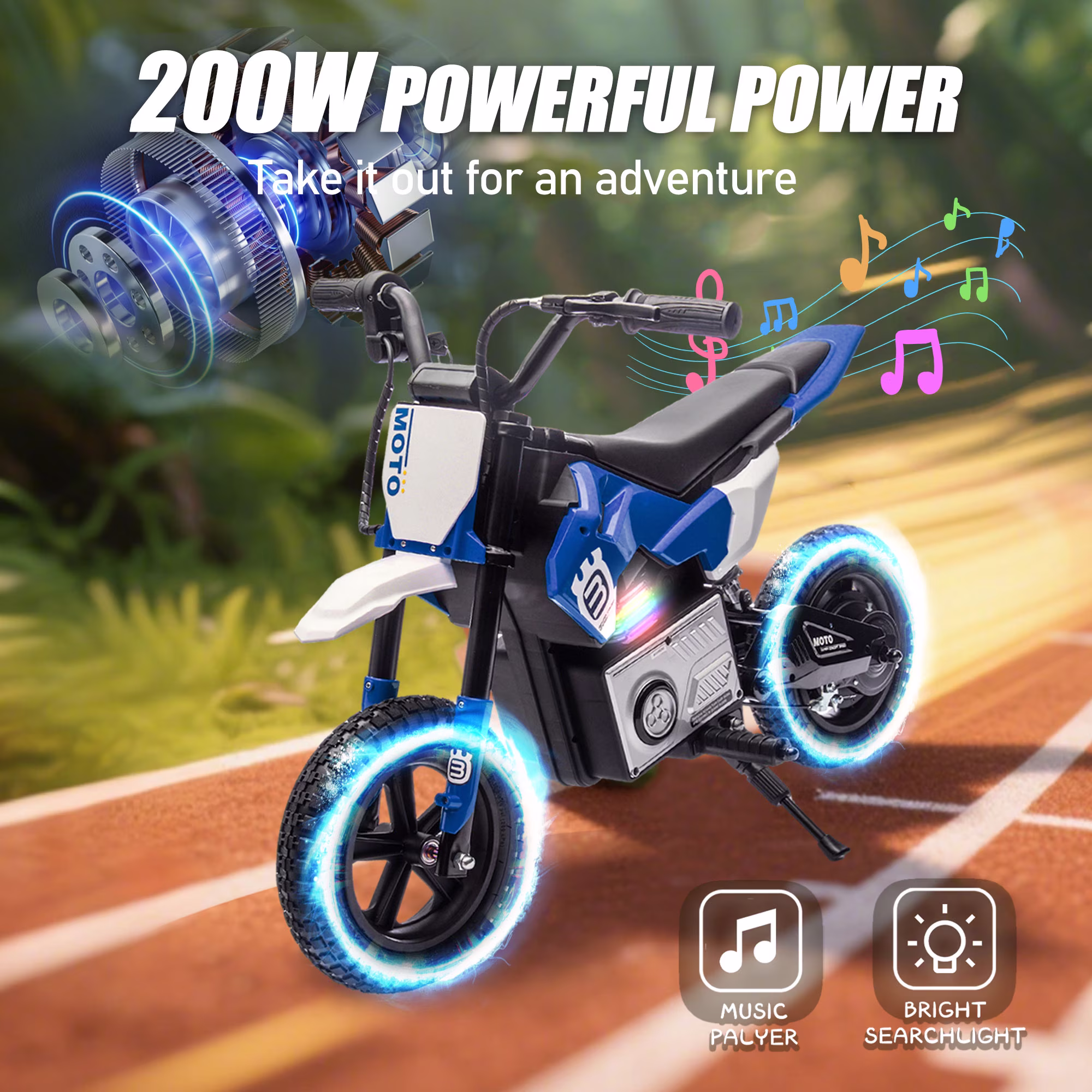 Okybaby 24V Kids Ride On Electric Dirt Bike, 200W High Speed Hub Electric Motorcycle, Max Speed 10MPH, Rear Spring Suspension, Kids Motorbike with Bluetooth&Horn For Kids Aged 5-15,Blue - Image 2