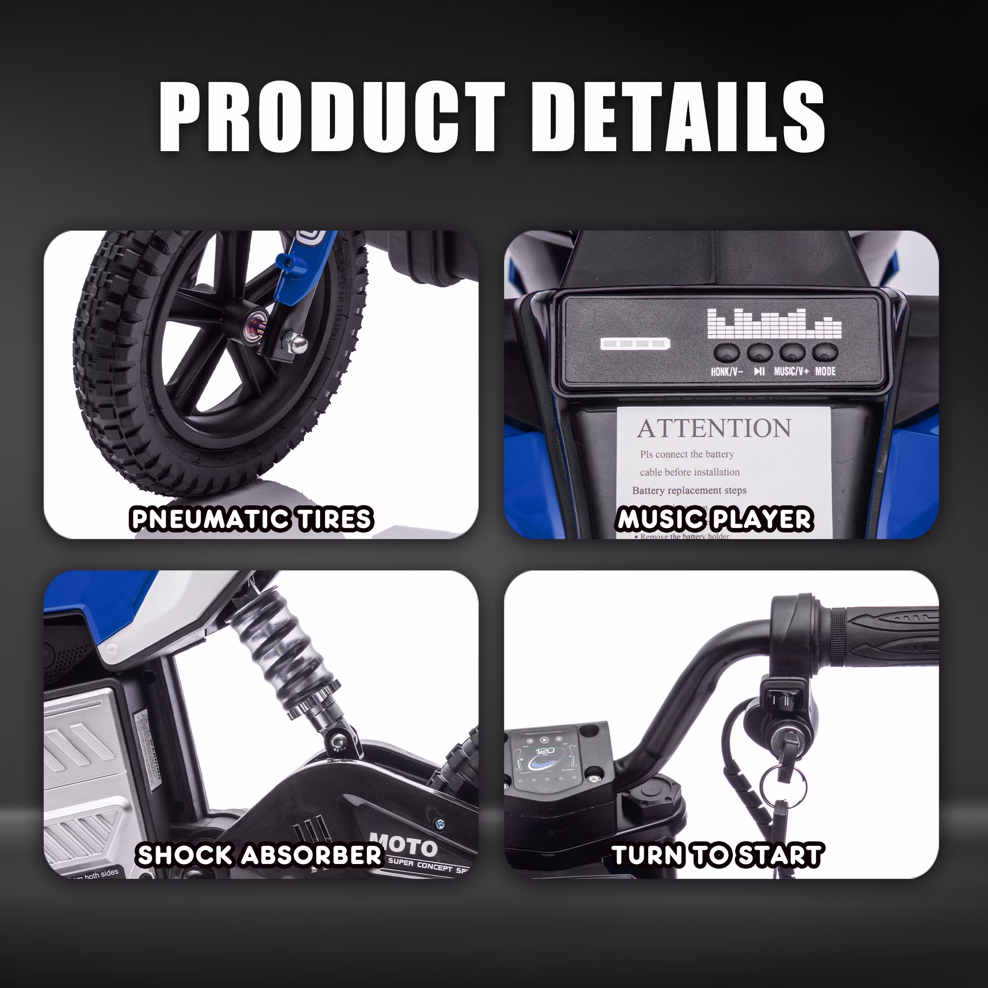 Okybaby 24V Kids Ride On Electric Dirt Bike, 200W High Speed Hub Electric Motorcycle, Max Speed 10MPH, Rear Spring Suspension, Kids Motorbike with Bluetooth&Horn For Kids Aged 5-15,Blue - Image 4