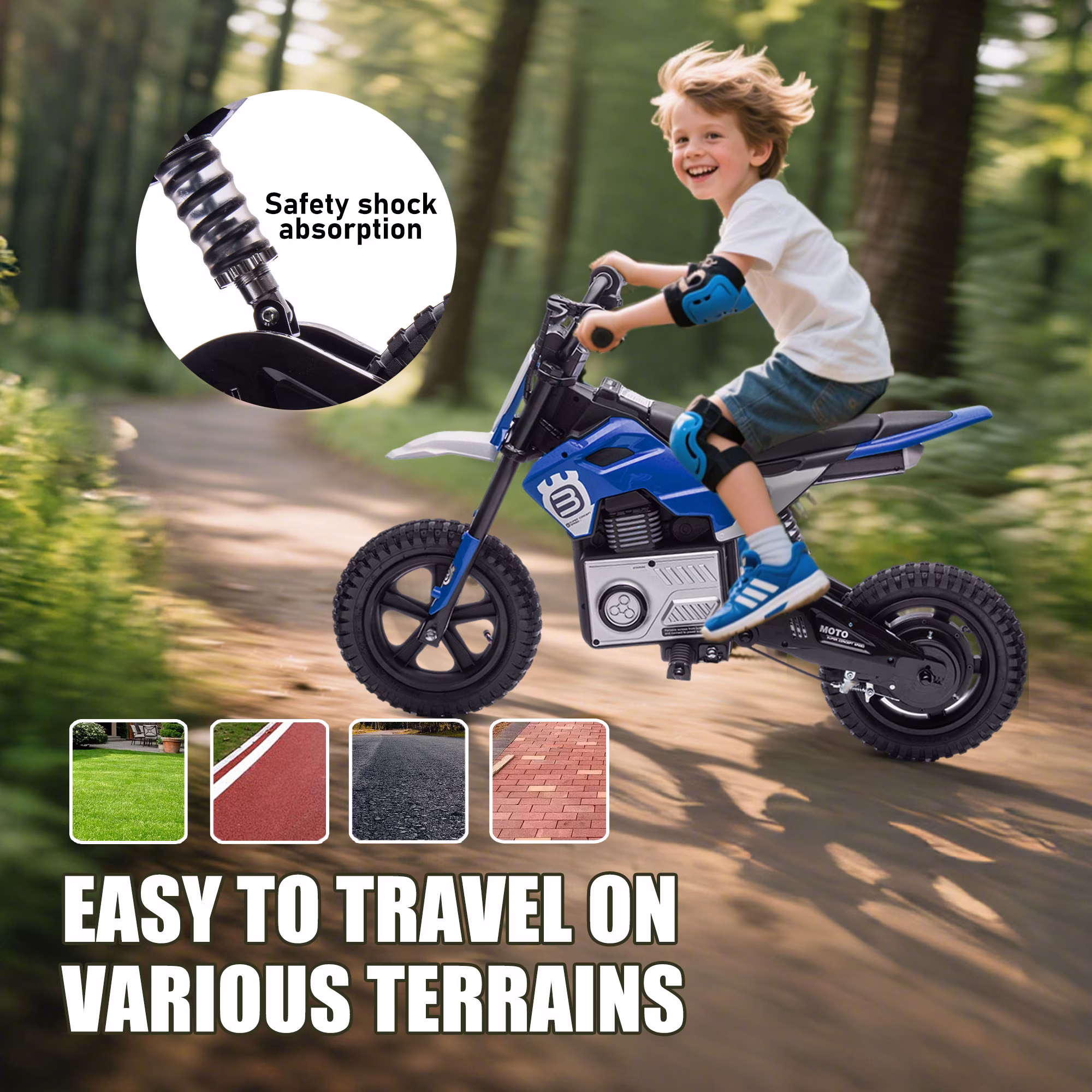 Okybaby 24V Kids Ride On Electric Dirt Bike, 200W High Speed Hub Electric Motorcycle, Max Speed 10MPH, Rear Spring Suspension, Kids Motorbike with Bluetooth&Horn For Kids Aged 5-15,Blue - Image 5