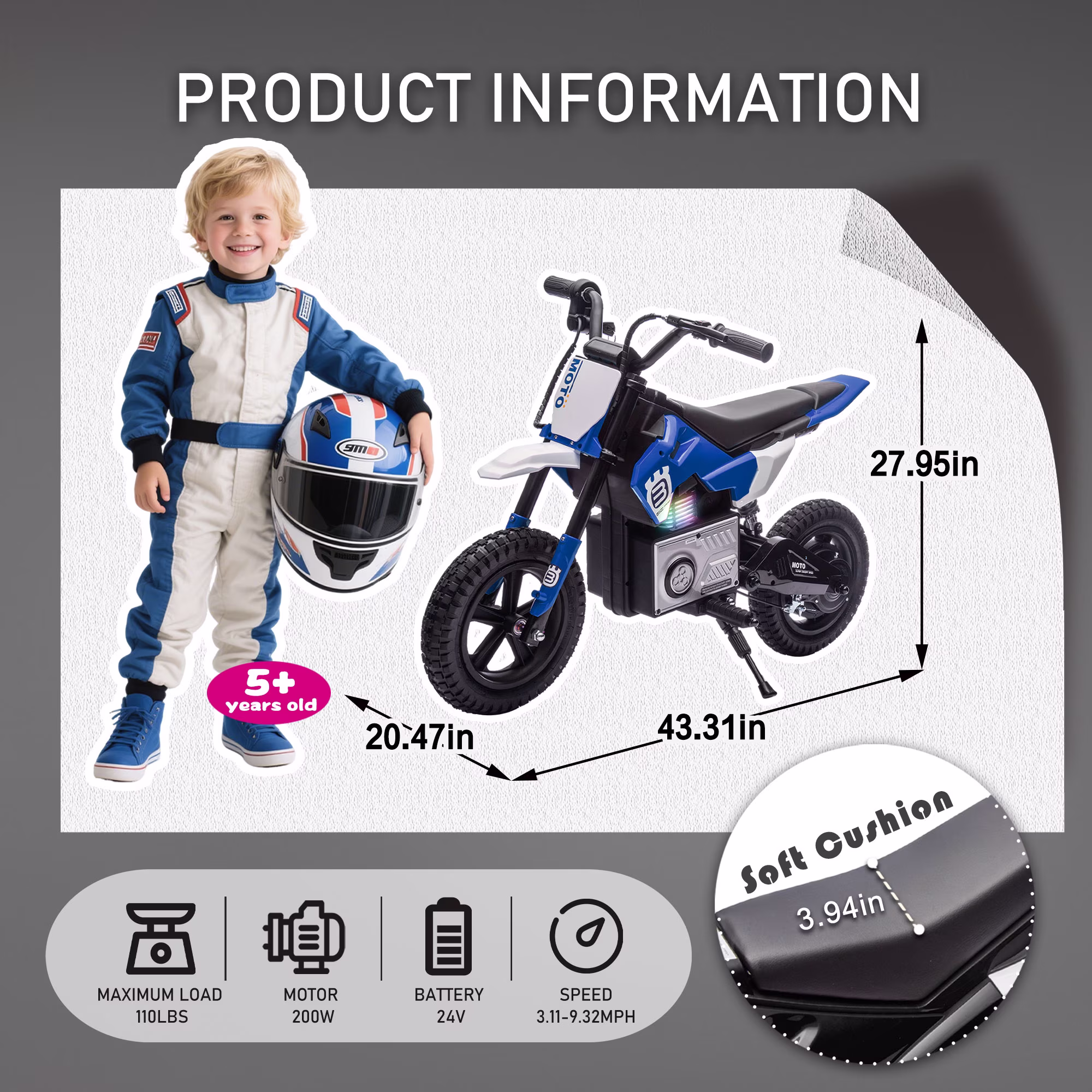 Okybaby 24V Kids Ride On Electric Dirt Bike, 200W High Speed Hub Electric Motorcycle, Max Speed 10MPH, Rear Spring Suspension, Kids Motorbike with Bluetooth&Horn For Kids Aged 5-15,Blue - Image 3