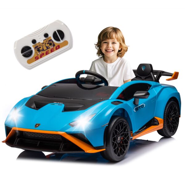 Okybaby Lamborghini Huracan Sto 24V Kids Ride on Drift Car with Max Speed 5.59 MPH, Foam Front Wheels, Electric Ride on Toys Car with 360° Spin, LED Lights, Music, USB for Kids Aged 3