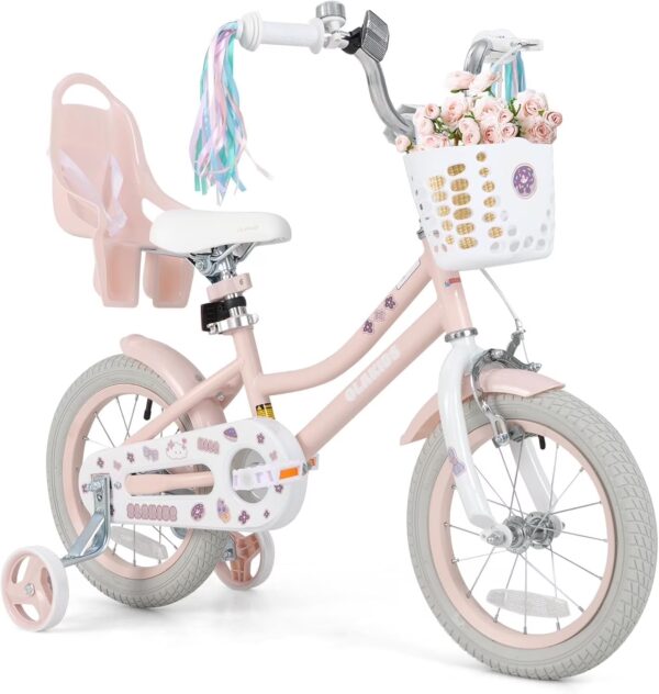 OLAKIDS 12 14 16 18 Inch Toddlers Bike with Training Wheels Doll Seat Basket Adjustable Seat and Handlebar, Handbrake and Coaster Brake, Children's Bicycle for Girls