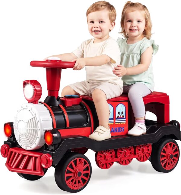 OLAKIDS 12V 2-Seater Kids Ride on Train Trackless with Train Whistle, Detachable Seat, LED Lights, Storage, Music, Gift for Toddlers Boys Girls, Red