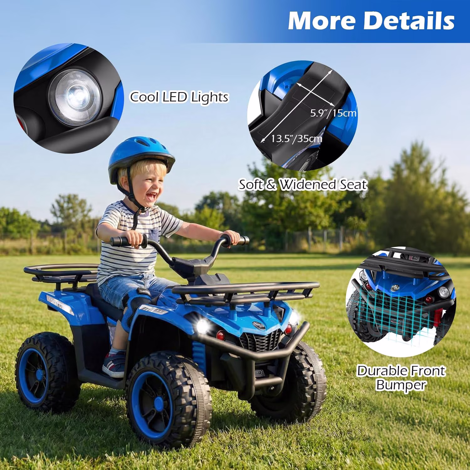 OLAKIDS 12V Kids ATV Quad with 2 Speeds, Spring Suspension, LED Lights, Music & Story Player, Big Tires, 2 Storage Spaces, Ride On Car for Boys Girls Ages 3+ - Image 3