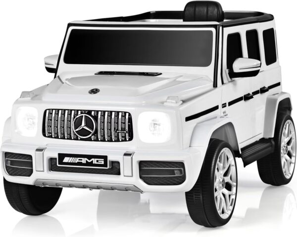 OLAKIDS 12V Kids Ride On Car, Licensed Mercedes Benz G63 Electric Vehicle with Remote Control, Double Open Doors, Music, Bluetooth, 2 Speeds, Wheels Suspension, Battery Powered Driving Toy (White)