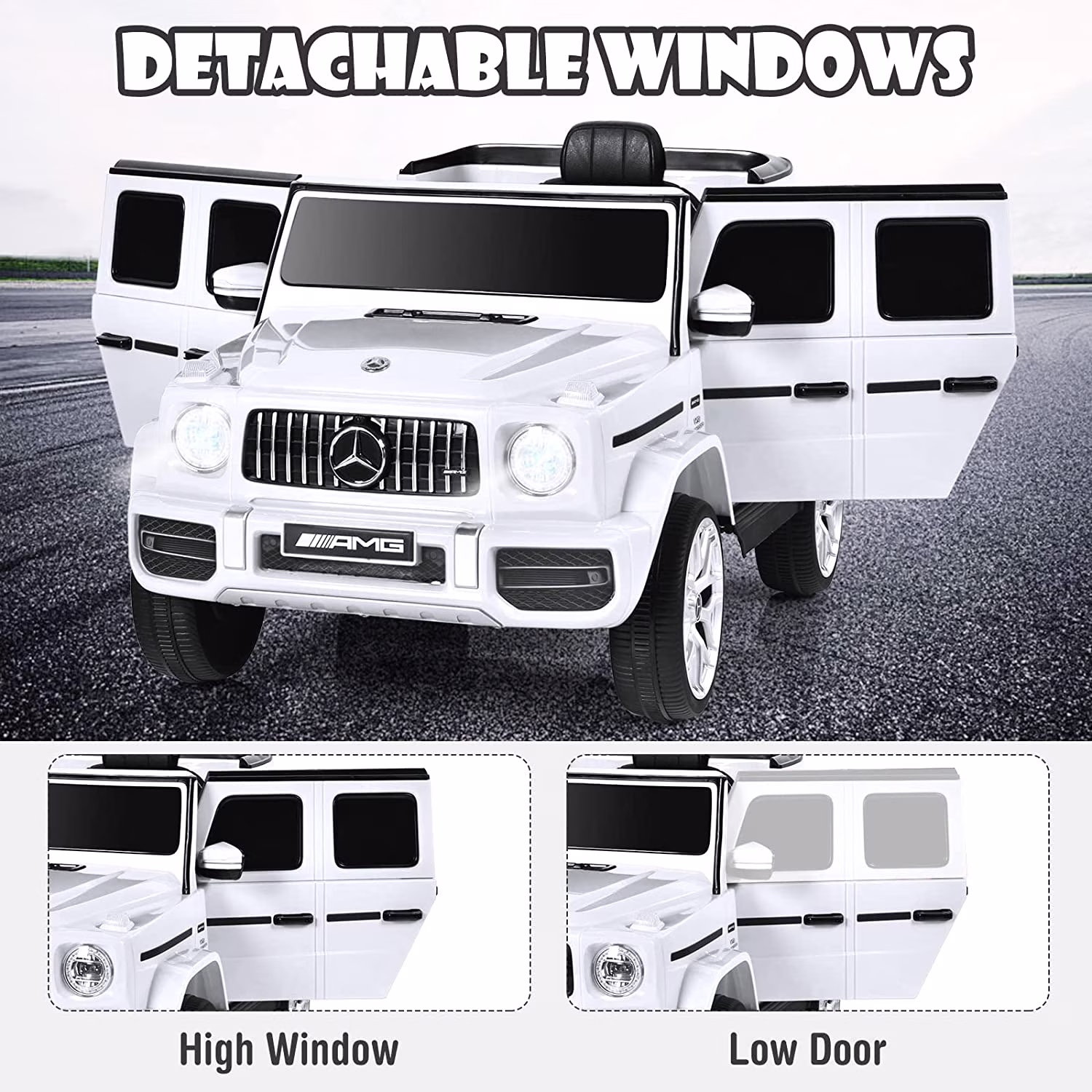 OLAKIDS 12V Kids Ride On Car, Licensed Mercedes Benz G63 Electric Vehicle with Remote Control, Double Open Doors, Music, Bluetooth, 2 Speeds, Wheels Suspension, Battery Powered Driving Toy (White) - Image 4