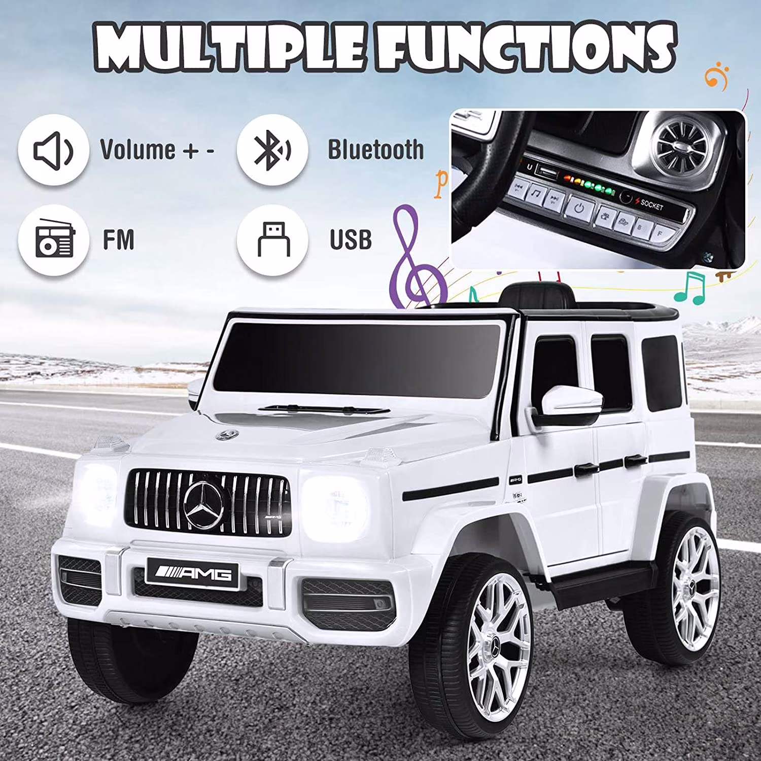 OLAKIDS 12V Kids Ride On Car, Licensed Mercedes Benz G63 Electric Vehicle with Remote Control, Double Open Doors, Music, Bluetooth, 2 Speeds, Wheels Suspension, Battery Powered Driving Toy (White) - Image 2