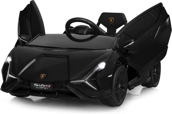 OLAKIDS 12V Licensed Lamborghini Sian Kids Ride On Car with Parent Remote Control, Spring Suspension, MP3 Player, Electric Toy Roadster Carbon Fiber Textured for Toddler Children(Black)