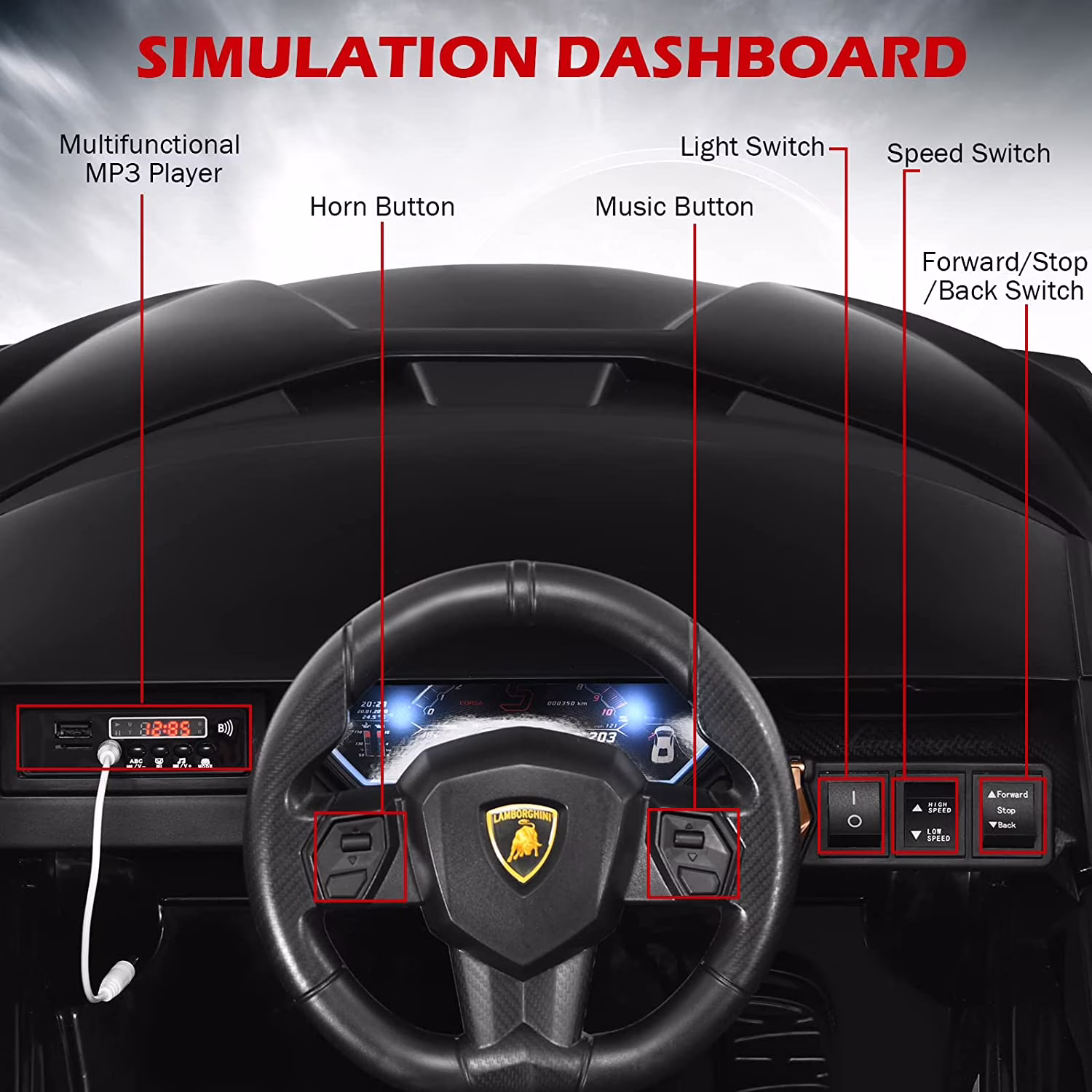 OLAKIDS 12V Licensed Lamborghini Sian Kids Ride On Car with Parent Remote Control, Spring Suspension, MP3 Player, Electric Toy Roadster Carbon Fiber Textured for Toddler Children(Black) - Image 5