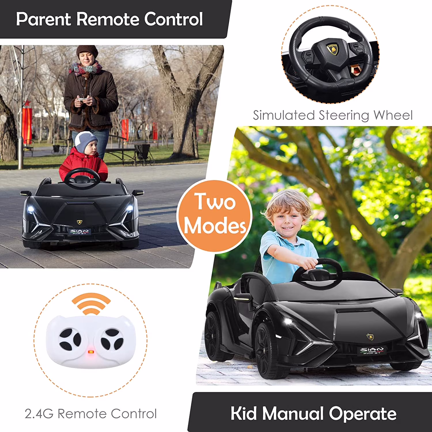 OLAKIDS 12V Licensed Lamborghini Sian Kids Ride On Car with Parent Remote Control, Spring Suspension, MP3 Player, Electric Toy Roadster Carbon Fiber Textured for Toddler Children(Black) - Image 2