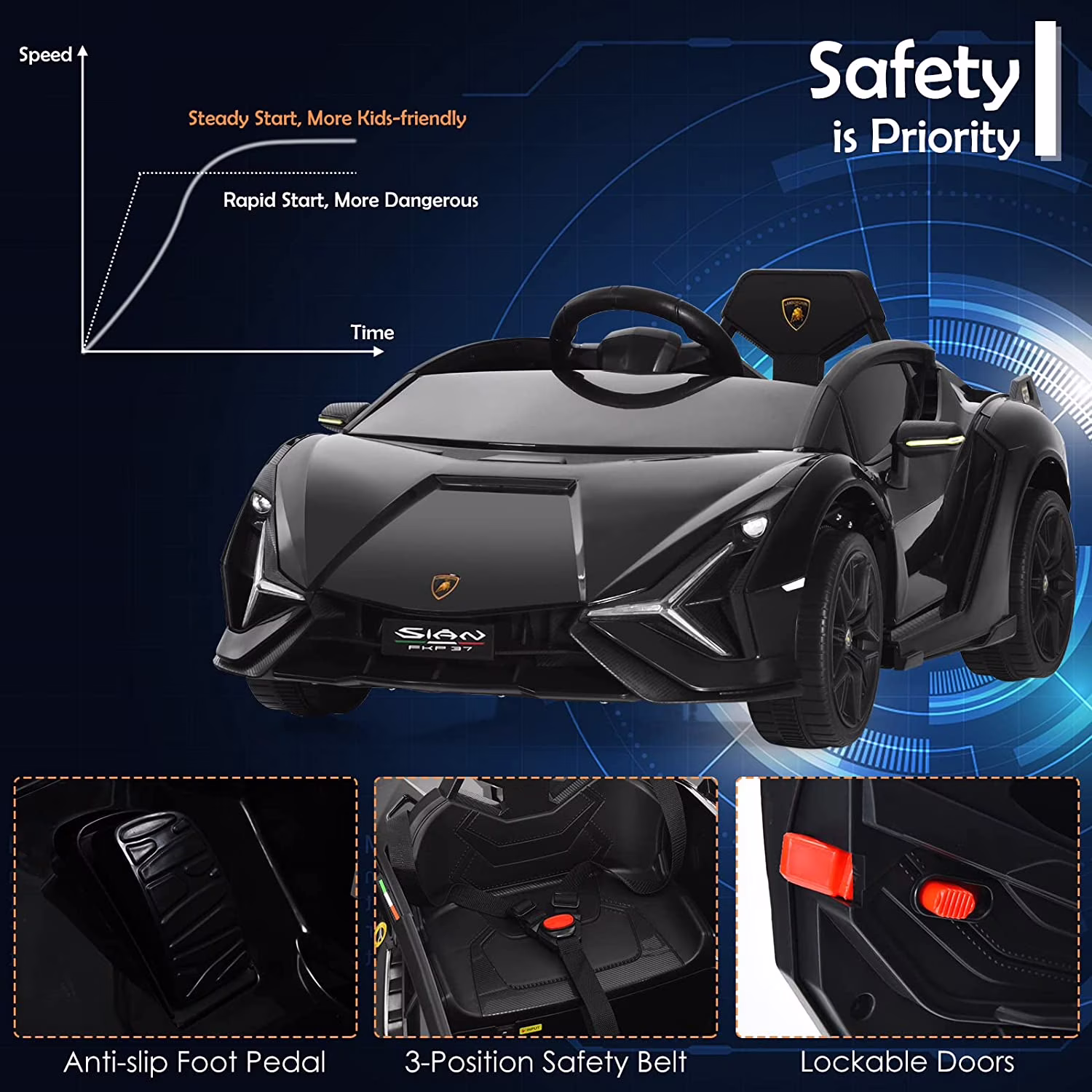 OLAKIDS 12V Licensed Lamborghini Sian Kids Ride On Car with Parent Remote Control, Spring Suspension, MP3 Player, Electric Toy Roadster Carbon Fiber Textured for Toddler Children(Black) - Image 3