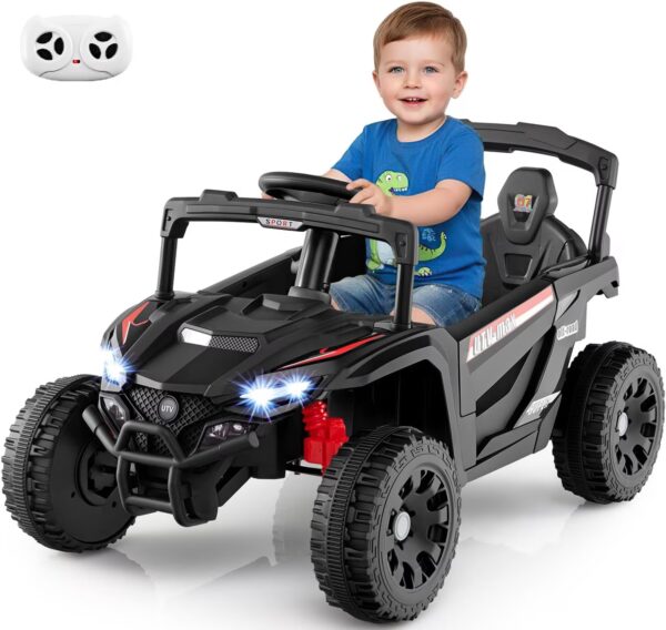 OLAKIDS 12V Ride on Car UTV, Electric Off-Road Truck with Remote Control, Lockable Doors, Safety Belt, Horn, Music, Lights, 4 Wheeler Toys for Kids Toddlers Aged 3+ Years
