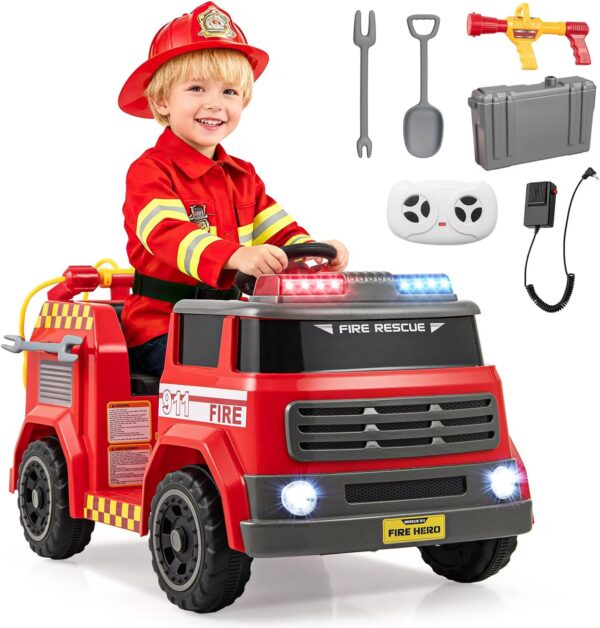 OLAKIDS 12V Ride on Fire Truck with Water Gun, Tank, Megaphone, Siren, Alarm Lamps, Shovel, Music, Remote Control, Aged 3+ Years
