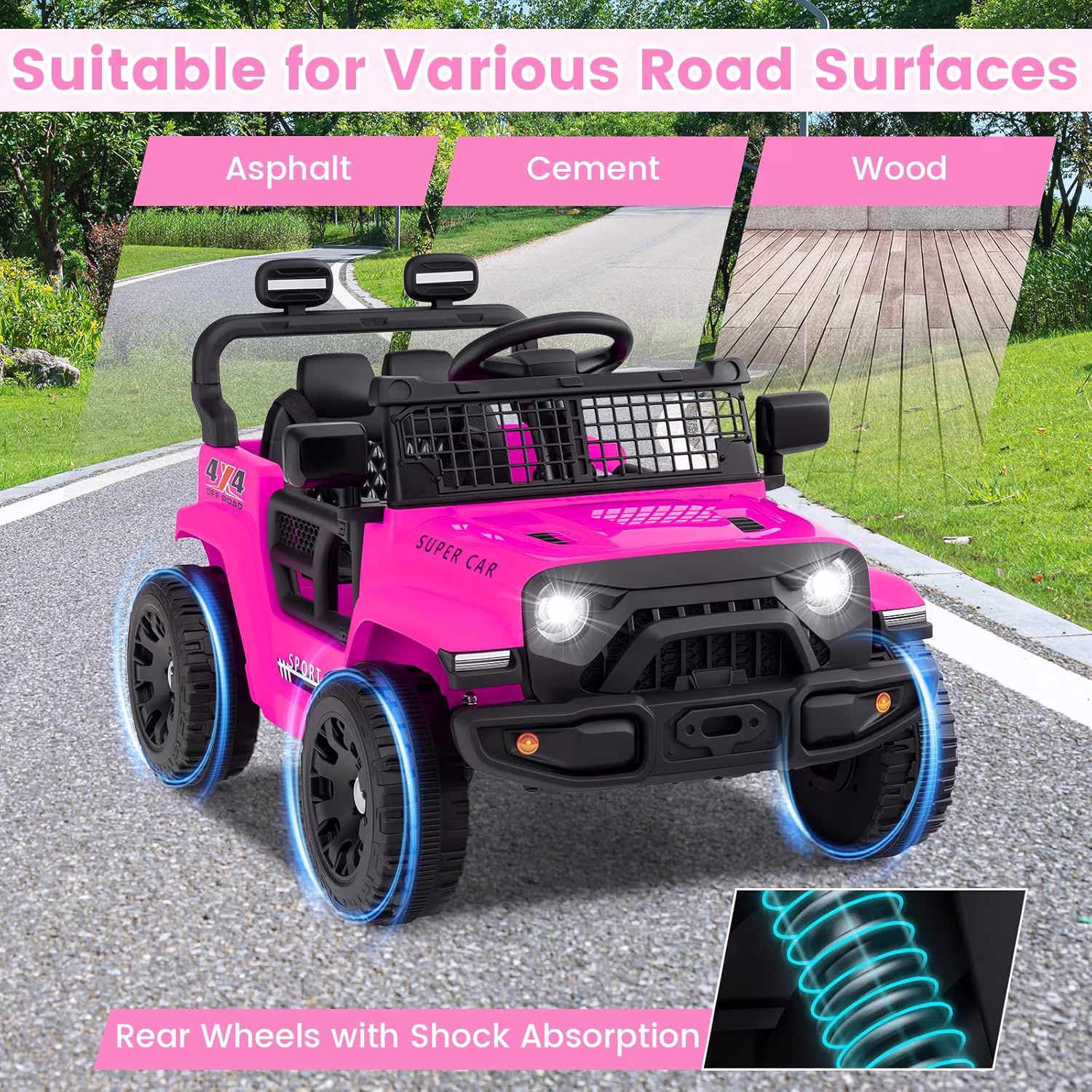 OLAKIDS 12V Ride On Truck, Battery Powered Electric Vehicle for Kids with Remote Control, Foldable Reflective Mirror, Spring Suspension, Music, LED Lights, Ride on Toy for 3+ Boys Girls - Image 3