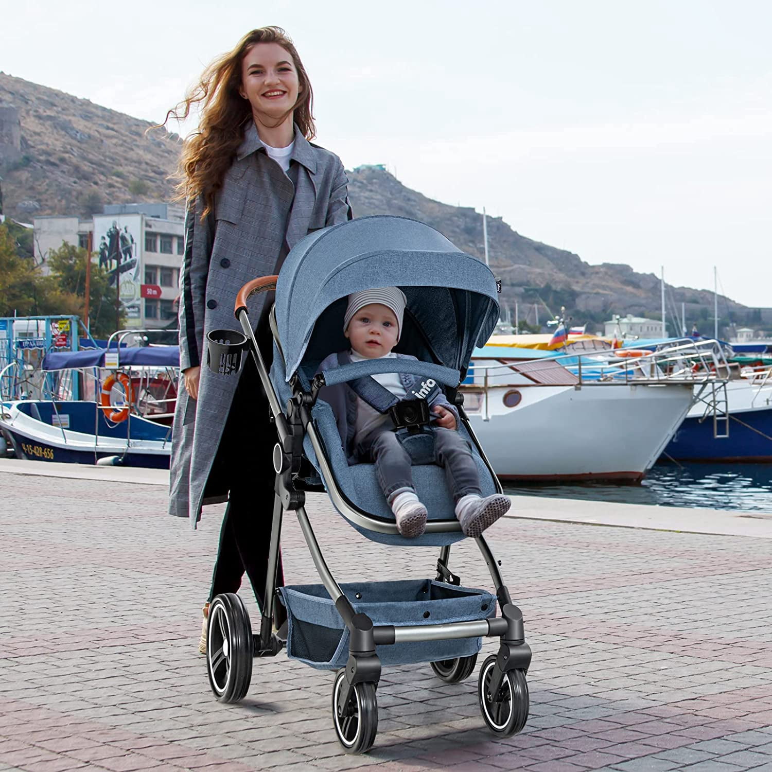 OLAKIDS 2 in 1 High Landscape Convertible Baby Stroller, Newborn Reversible Pram, Foldable Pushchair with Adjustable Canopy, Aluminum Structure, 5-Point Harness for Infant Toddler - Image 3