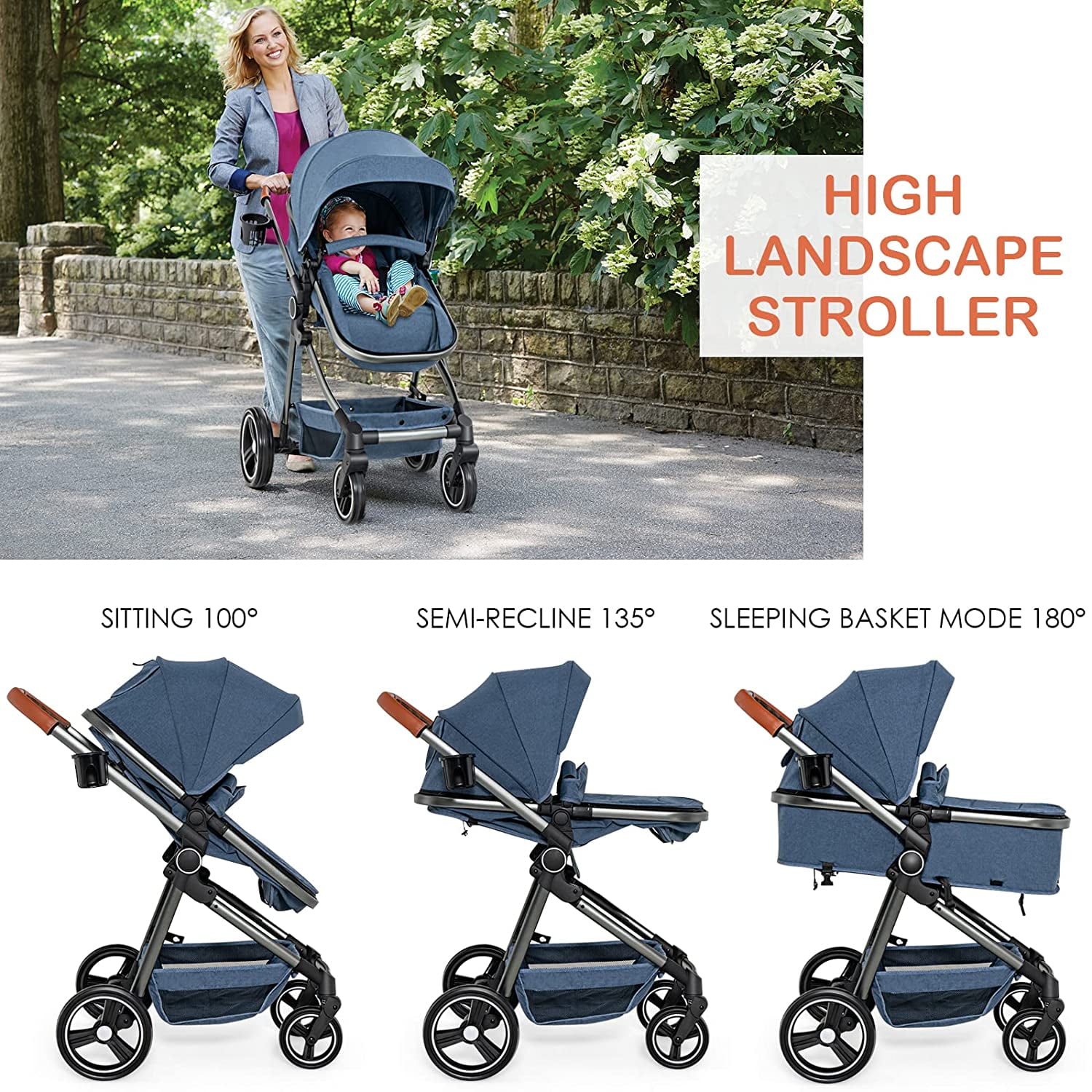 OLAKIDS 2 in 1 High Landscape Convertible Baby Stroller, Newborn Reversible Pram, Foldable Pushchair with Adjustable Canopy, Aluminum Structure, 5-Point Harness for Infant Toddler - Image 2