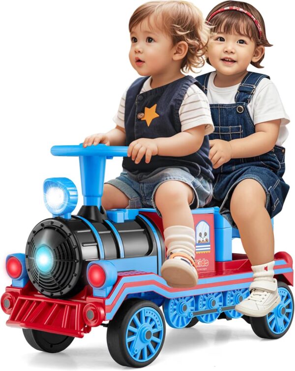 OLAKIDS 2-Seater Kids Ride on Train Trackless, 12V Battery Powered Electric Toy with Train Whistle, Music, LED Lights, 2 Speeds, Soft Start, Gift for Toddlers Boys Girls