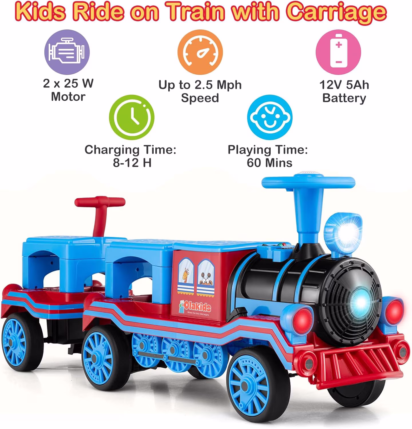 OLAKIDS 2-Seater Kids Ride on Train Trackless, 12V Battery Powered Electric Toy with Train Whistle, Music, LED Lights, 2 Speeds, Soft Start, Gift for Toddlers Boys Girls - Image 3