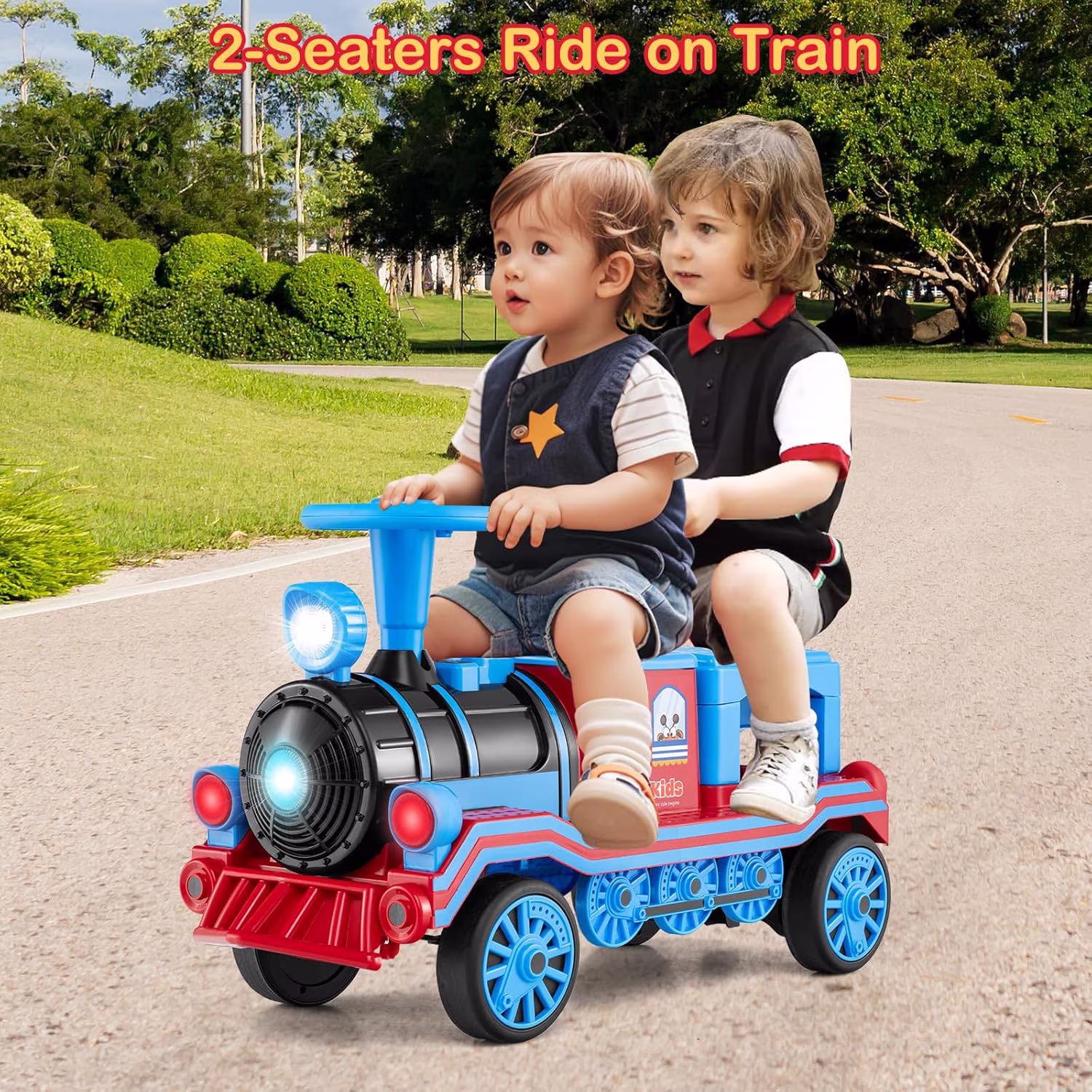 OLAKIDS 2-Seater Kids Ride on Train Trackless, 12V Battery Powered Electric Toy with Train Whistle, Music, LED Lights, 2 Speeds, Soft Start, Gift for Toddlers Boys Girls - Image 5