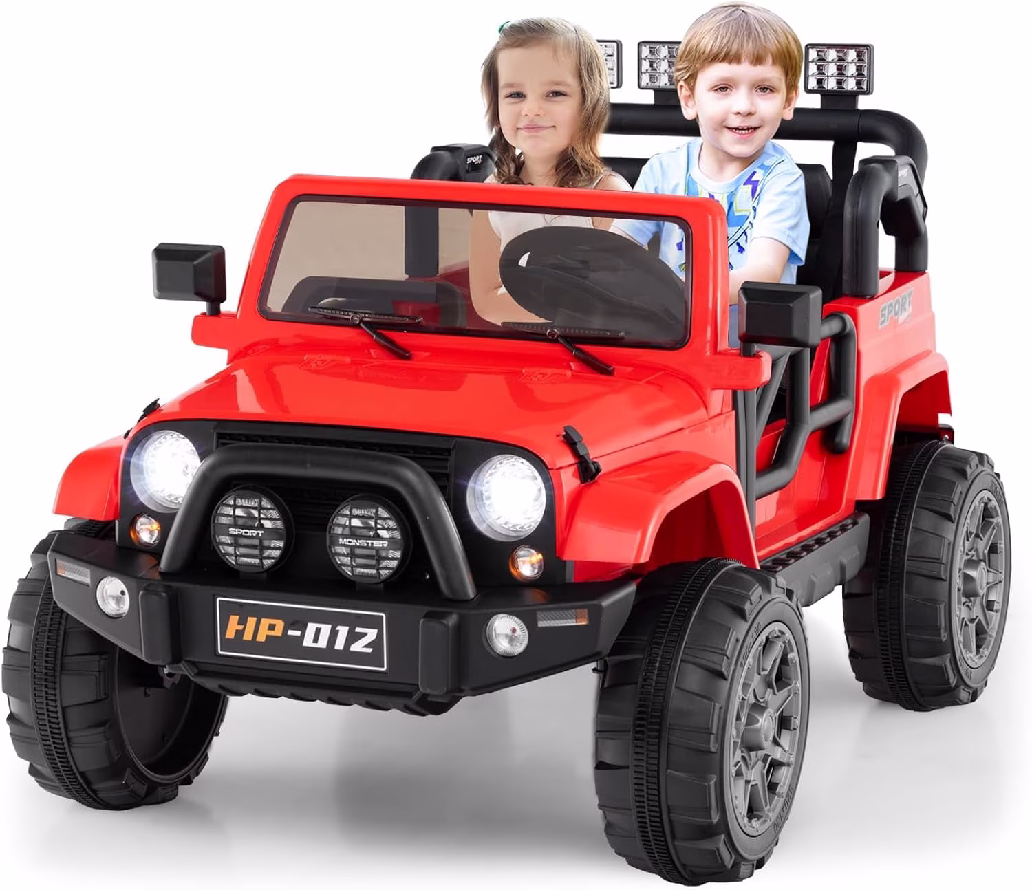 OLAKIDS 2 Seater Ride on Truck, 12V Battery Powered Electric Vehicle for Kids with Remote Control, Power Display, LED Lights, Story, Suspension System, MP3, Ride on Toy for 3+ Boys Girls