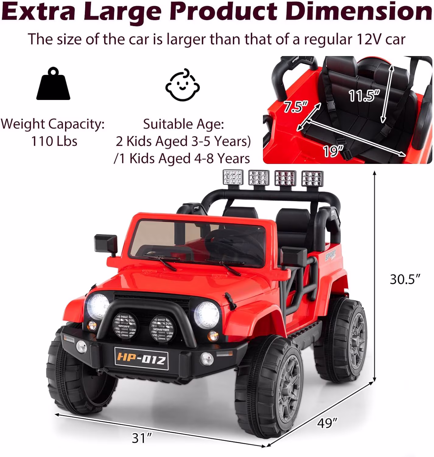 OLAKIDS 2 Seater Ride on Truck, 12V Battery Powered Electric Vehicle for Kids with Remote Control, Power Display, LED Lights, Story, Suspension System, MP3, Ride on Toy for 3+ Boys Girls - Image 4