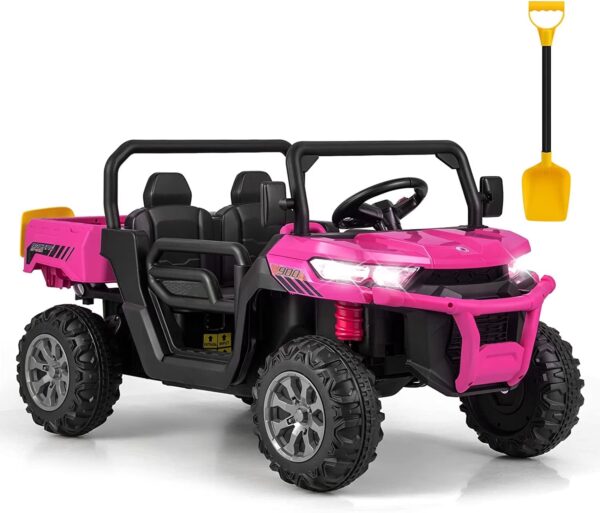 OLAKIDS 2 Seater Ride On UTV, 12V Kids Electric Vehicle Dump Truck with Remote Control, Dump Bed and Extra Shovel, Toddlers Battery Powered Car with Music, USB, AUX, Rocking Function (Pink)