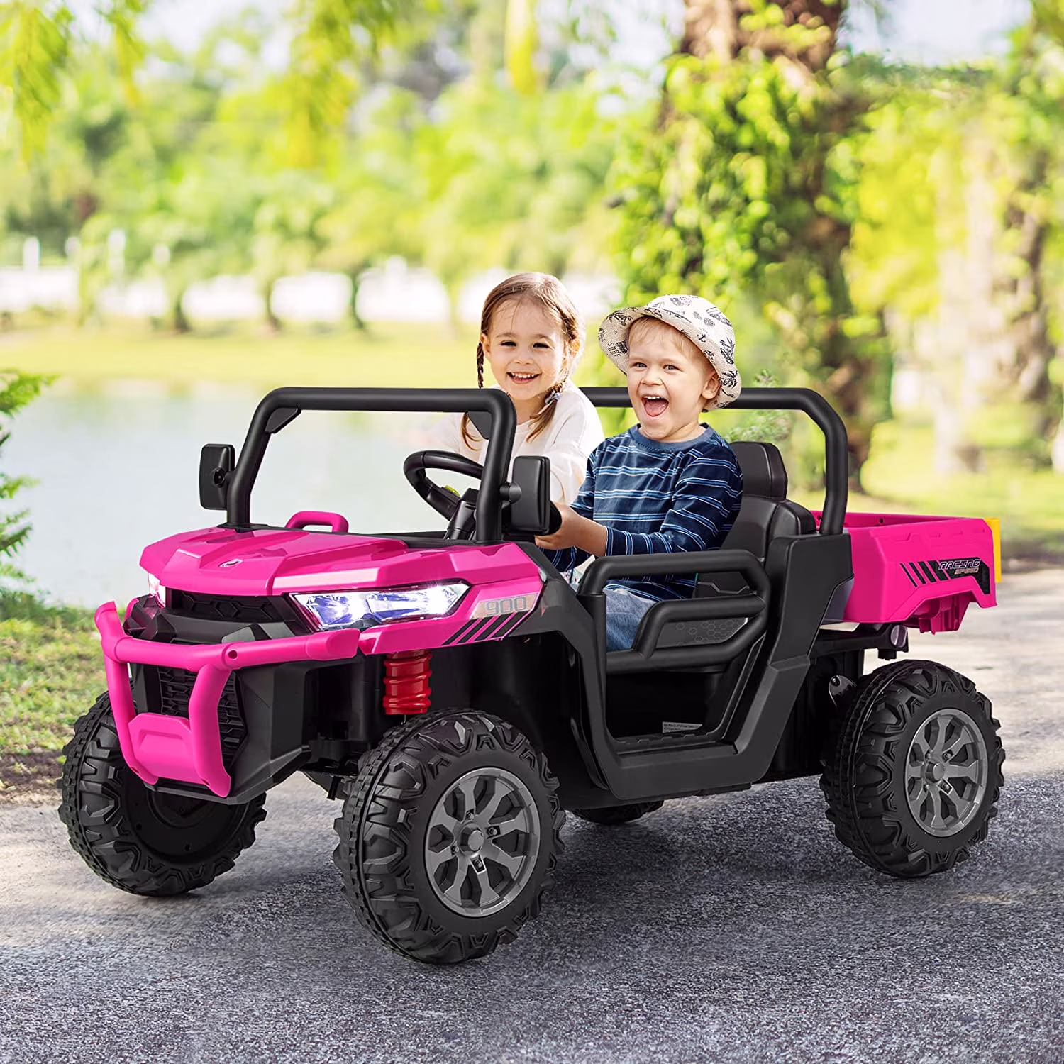 OLAKIDS 2 Seater Ride On UTV, 12V Kids Electric Vehicle Dump Truck with Remote Control, Dump Bed and Extra Shovel, Toddlers Battery Powered Car with Music, USB, AUX, Rocking Function (Pink) - Image 4