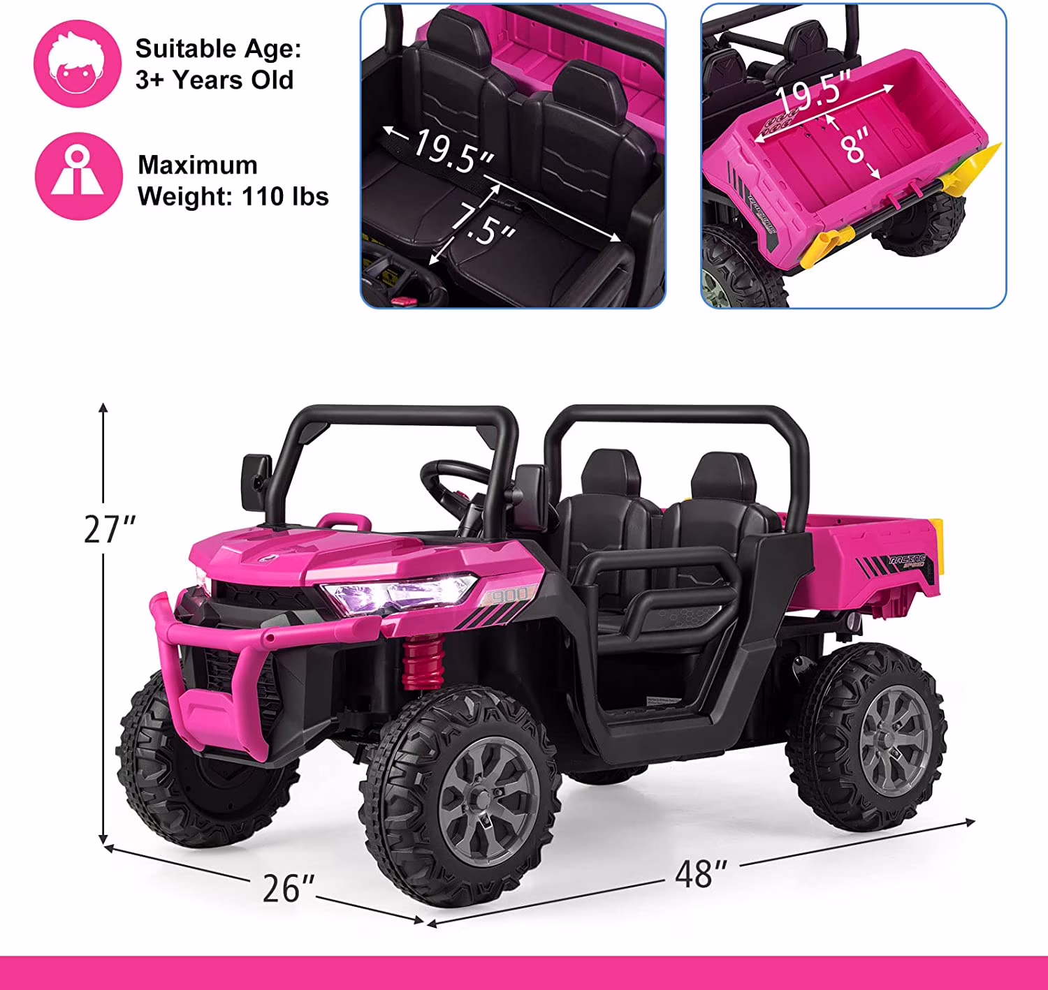 OLAKIDS 2 Seater Ride On UTV, 12V Kids Electric Vehicle Dump Truck with Remote Control, Dump Bed and Extra Shovel, Toddlers Battery Powered Car with Music, USB, AUX, Rocking Function (Pink) - Image 2