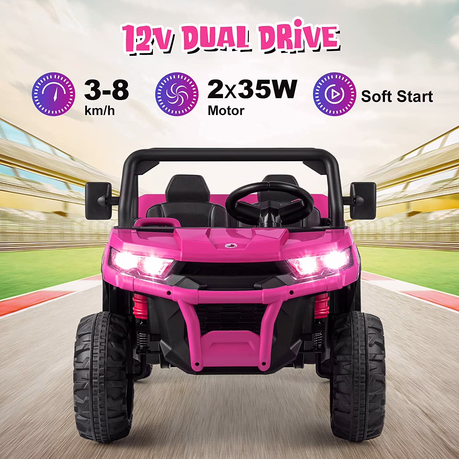 OLAKIDS 2 Seater Ride On UTV, 12V Kids Electric Vehicle Dump Truck with Remote Control, Dump Bed and Extra Shovel, Toddlers Battery Powered Car with Music, USB, AUX, Rocking Function (Pink) - Image 5