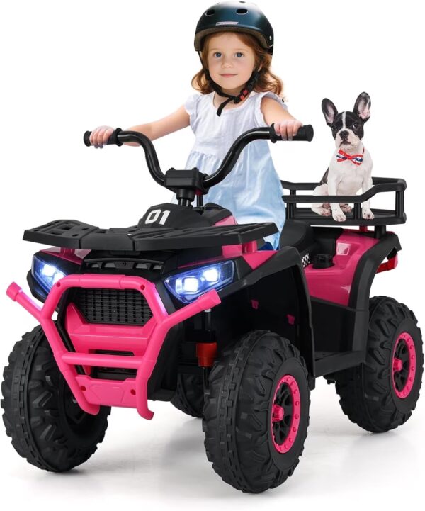 OLAKIDS 24V Ride on Car, Kids ATV with Bluetooth, Music, LED Lights, Power Display, Rear Storage Rack, Spring Suspension, Electric 4 Wheeler for Kids Boys Girls Aged 3+ Years