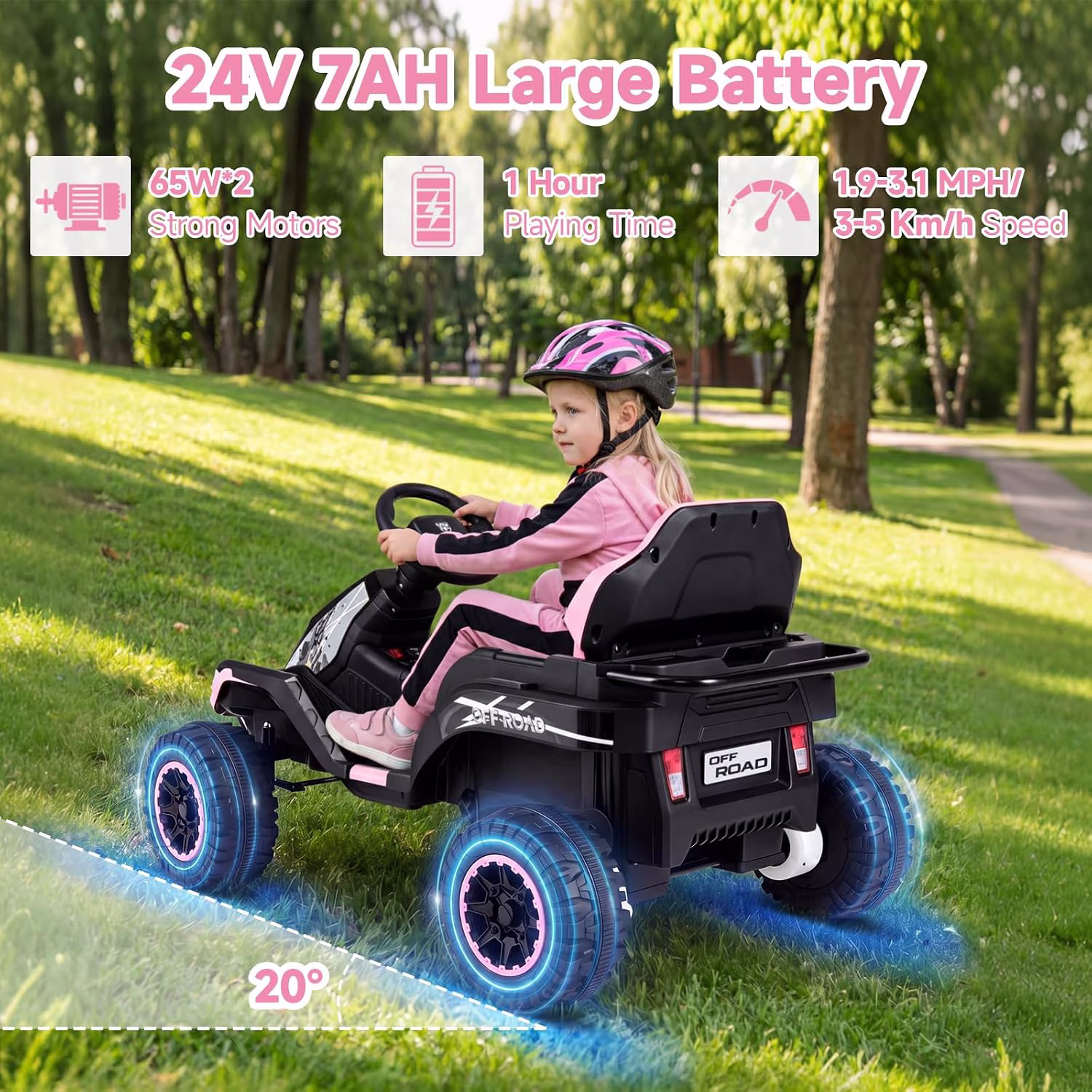 OLAKIDS 24V Ride On Toys for Big Kids Aged 3+ with Detachable Trailer, Remote Control, Widened Seat, Safety Belt, Bluetooth, Horn, LED Lights & Music - Image 3