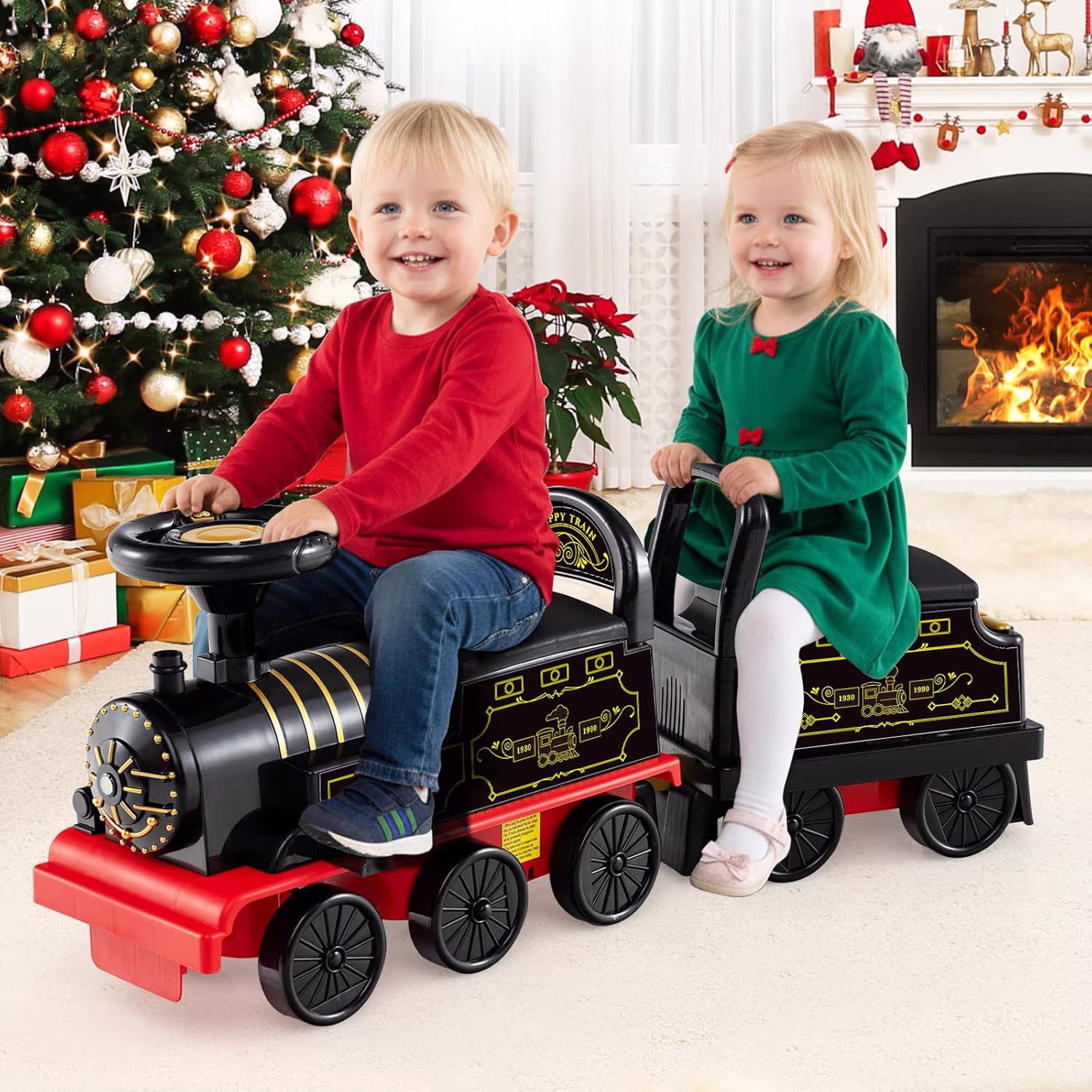 OLAKIDS 6V 2-Seater Ride on Train with Carriage, Storage, Train Whistle, Music, Lights for 18 Months+ - Image 3