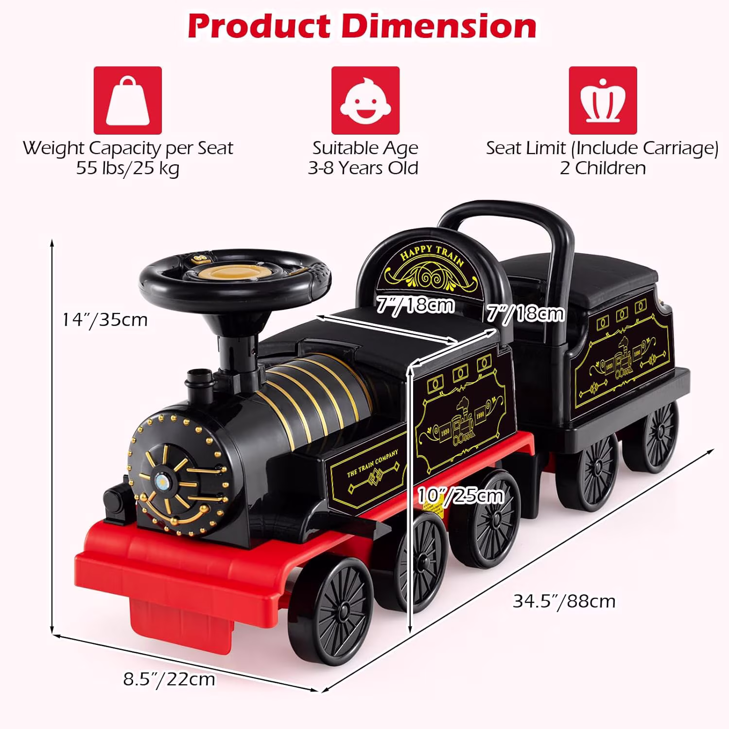 OLAKIDS 6V 2-Seater Ride on Train with Carriage, Storage, Train Whistle, Music, Lights for 18 Months+ - Image 2