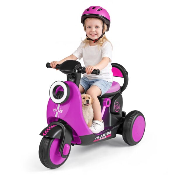OLAKIDS 6V Electric Motorcycle for Kids 3-Wheel Toddler Ride on Toys with Music Player, LED Headlight and Body Light, Suitable for Age 3+ Years Old