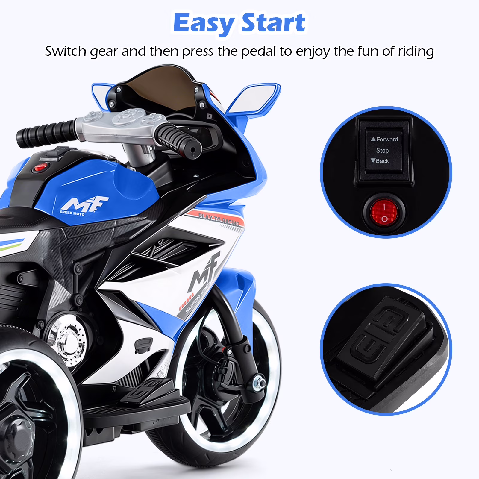 OLAKIDS 6V Kids Motorcycle with Forward & Reverse Switch, Headlight, Wheel Lights, Horn, Music, USB Port, 3-Wheel Ride on Toy for Toddler Aged 3+ - Image 4