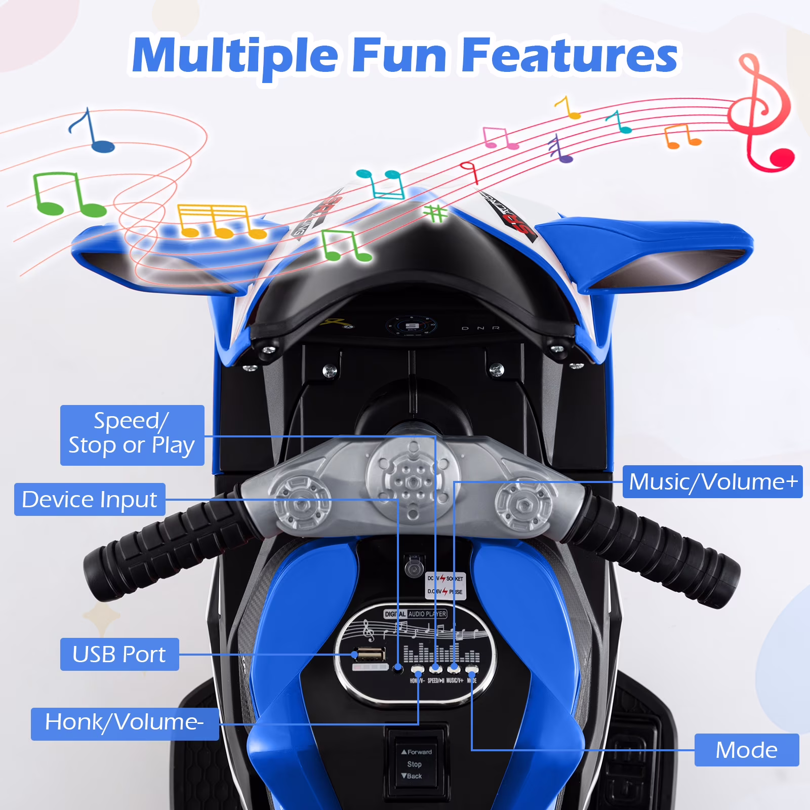 OLAKIDS 6V Kids Motorcycle with Forward & Reverse Switch, Headlight, Wheel Lights, Horn, Music, USB Port, 3-Wheel Ride on Toy for Toddler Aged 3+ - Image 3