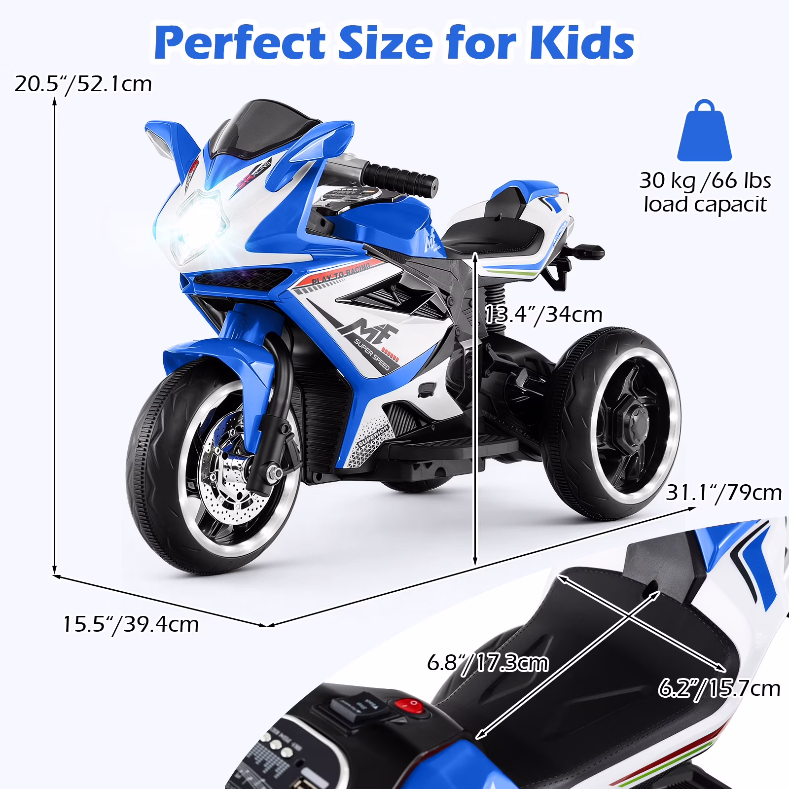 OLAKIDS 6V Kids Motorcycle with Forward & Reverse Switch, Headlight, Wheel Lights, Horn, Music, USB Port, 3-Wheel Ride on Toy for Toddler Aged 3+ - Image 5