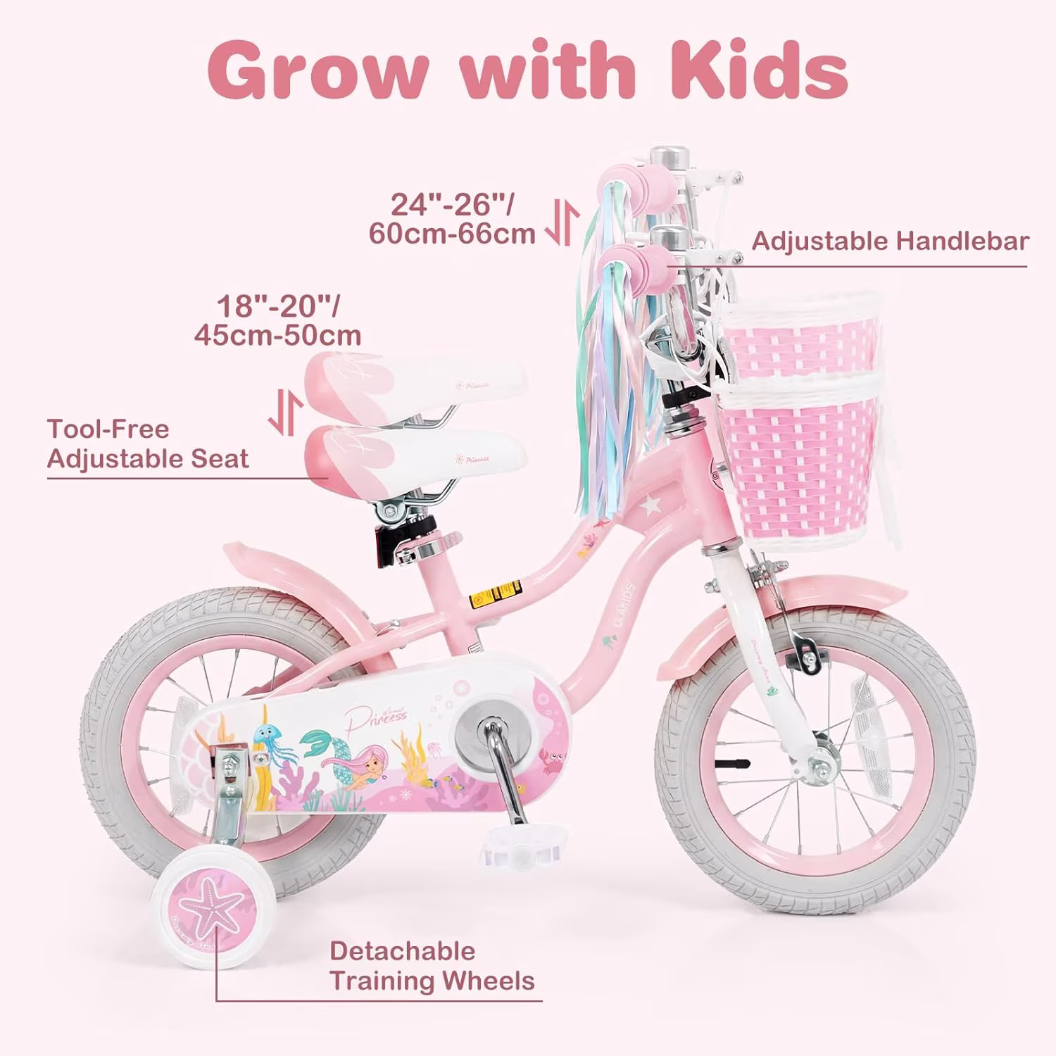 OLAKIDS Kids Bike, 12 14 16 18 20 Inch Mermaid Theme Toddler Children Bicycle for Girls with Training Wheels Basket Streamers Adjustable Handlebar Seat Coaster Brake - Image 2
