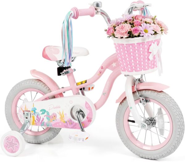 OLAKIDS Kids Bike, 12 14 16 18 20 Inch Mermaid Theme Toddler Children Bicycle for Girls with Training Wheels Basket Streamers Adjustable Handlebar Seat Coaster Brake