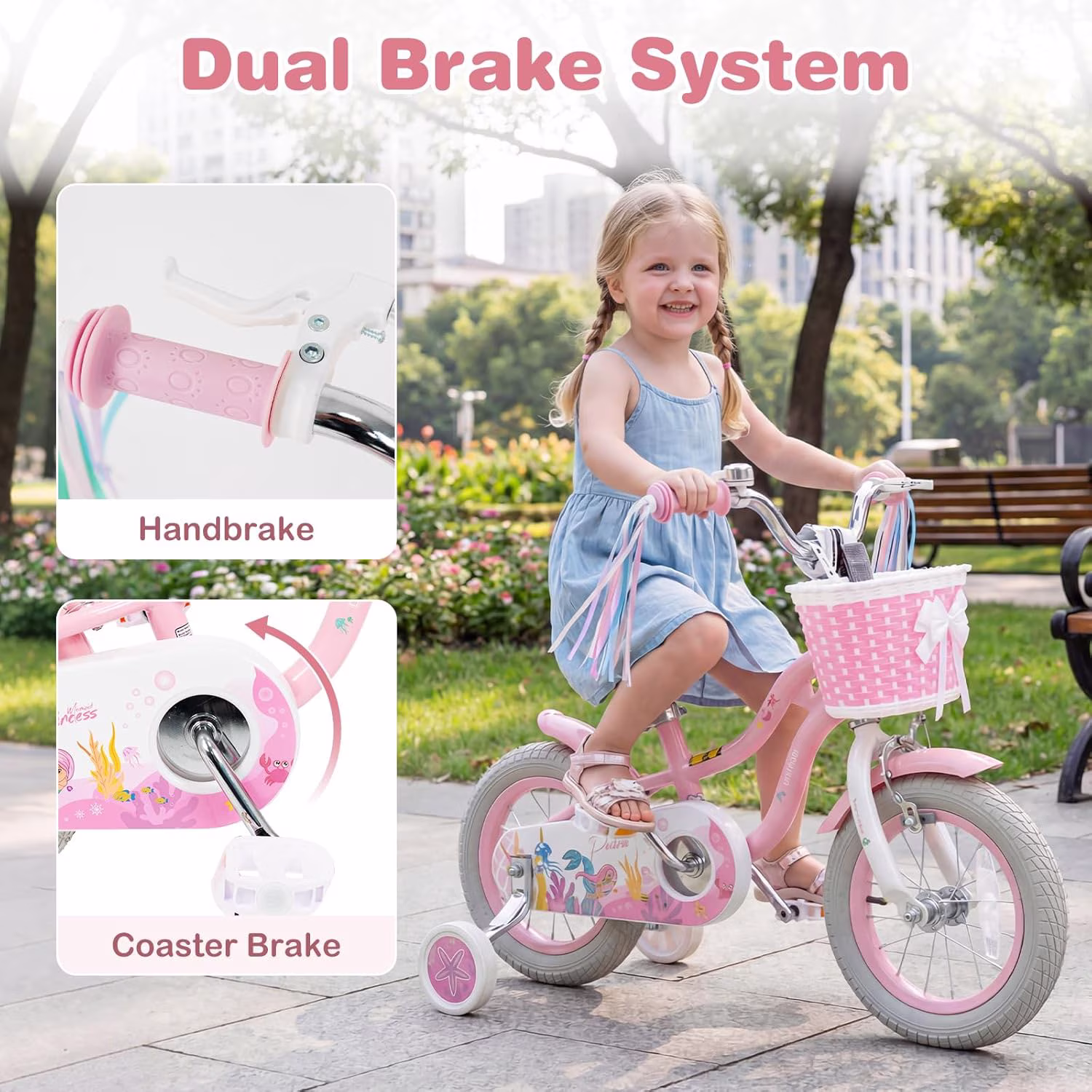 OLAKIDS Kids Bike, 12 14 16 18 20 Inch Mermaid Theme Toddler Children Bicycle for Girls with Training Wheels Basket Streamers Adjustable Handlebar Seat Coaster Brake - Image 4