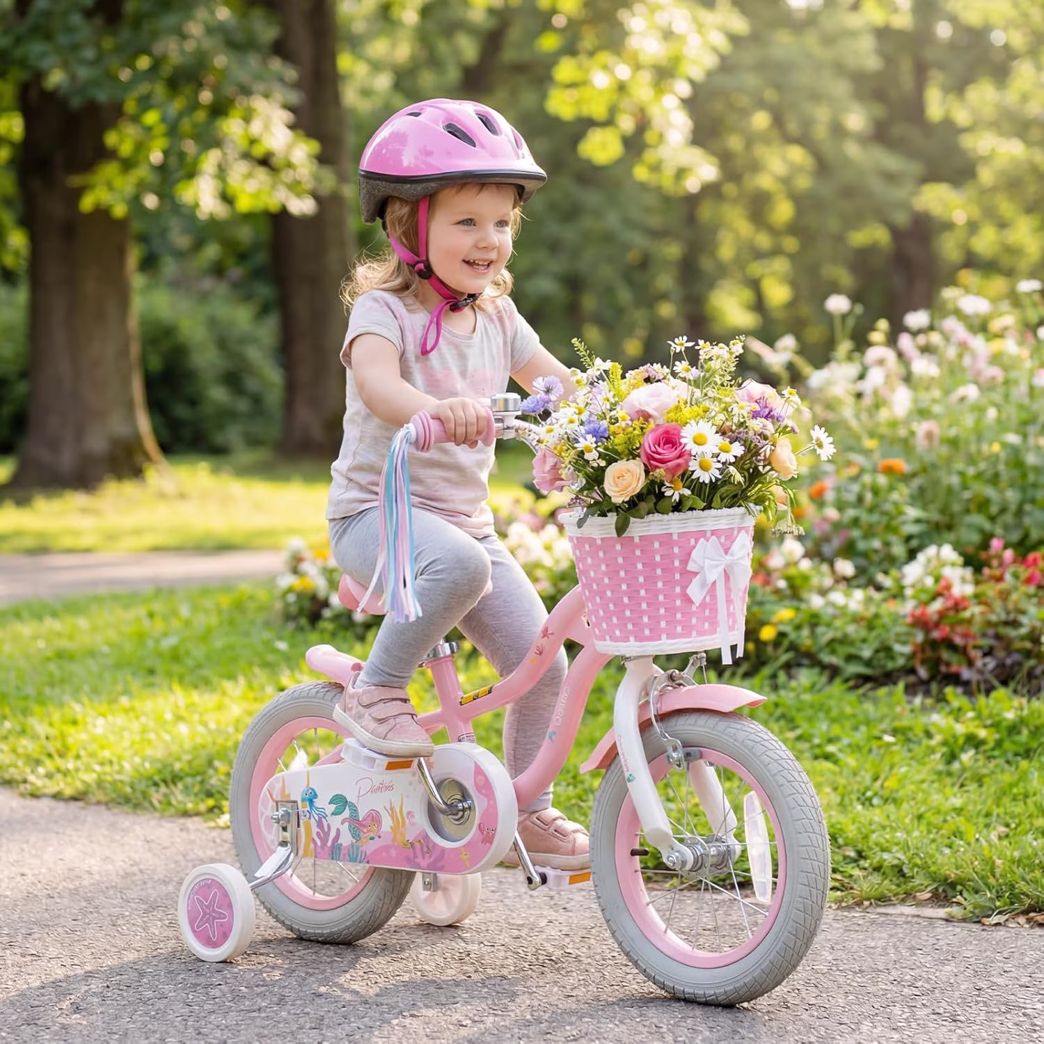 OLAKIDS Kids Bike, 12 14 16 18 20 Inch Mermaid Theme Toddler Children Bicycle for Girls with Training Wheels Basket Streamers Adjustable Handlebar Seat Coaster Brake - Image 5