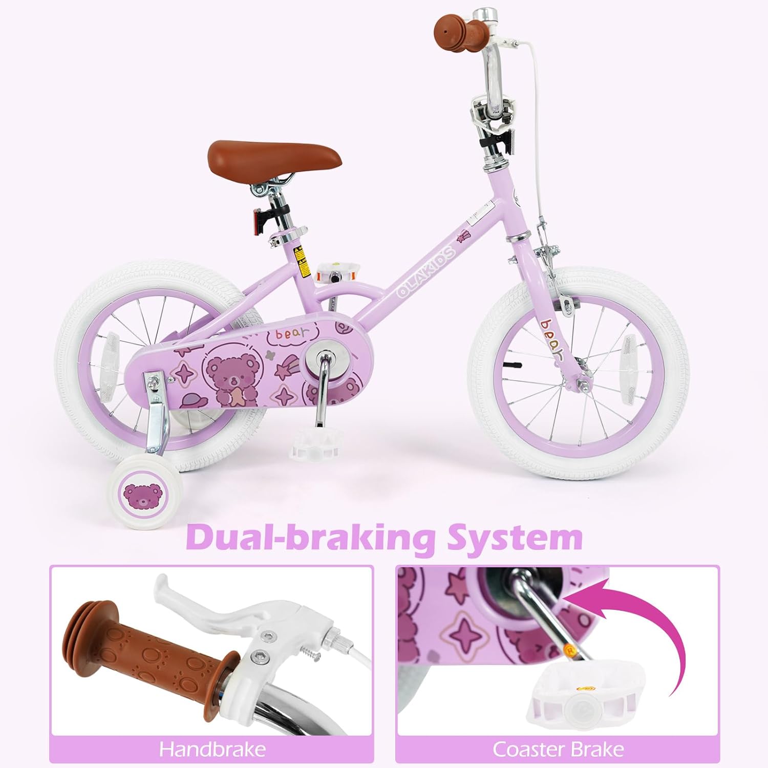 OLAKIDS Kids Bike, 12 14 16 18 Inch Bear Themed Toddlers Bike with Training Wheels Adjustable Seat Handlebar Coaster Brake and Handbrake, Children's Bicycle for Boys Girls - Image 3