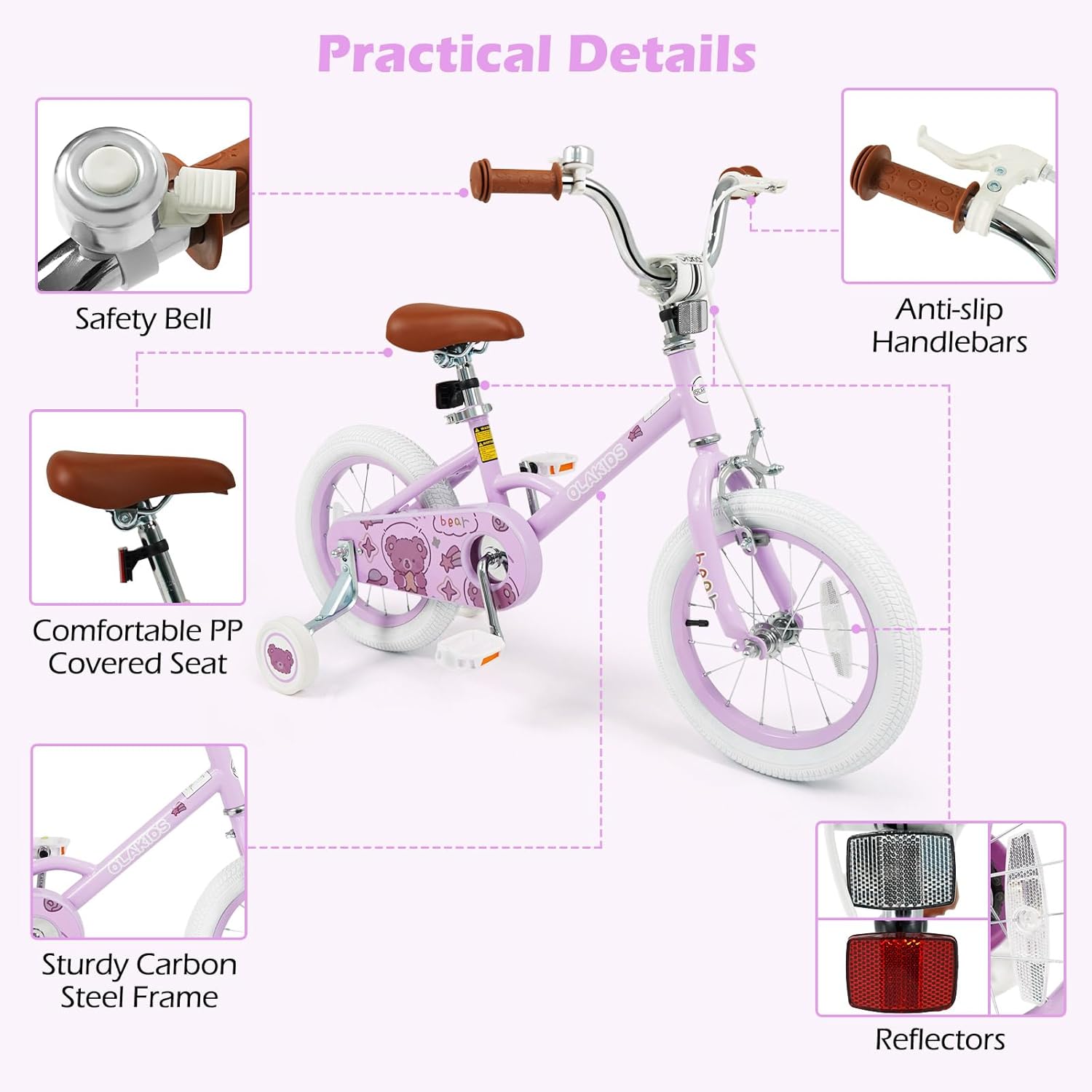 OLAKIDS Kids Bike, 12 14 16 18 Inch Bear Themed Toddlers Bike with Training Wheels Adjustable Seat Handlebar Coaster Brake and Handbrake, Children's Bicycle for Boys Girls - Image 5