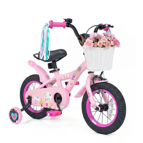 OLAKIDS Kids Bike, 12 14 16 18 Inch Sweet Heart Theme Girls Bicycle with Training Wheels Carry Handle Adjustable Handlebar Seat Basket Streamers