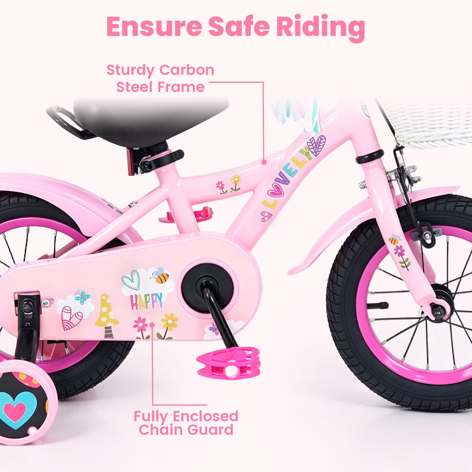 OLAKIDS Kids Bike, 12 14 16 18 Inch Sweet Heart Theme Girls Bicycle with Training Wheels Carry Handle Adjustable Handlebar Seat Basket Streamers - Image 4