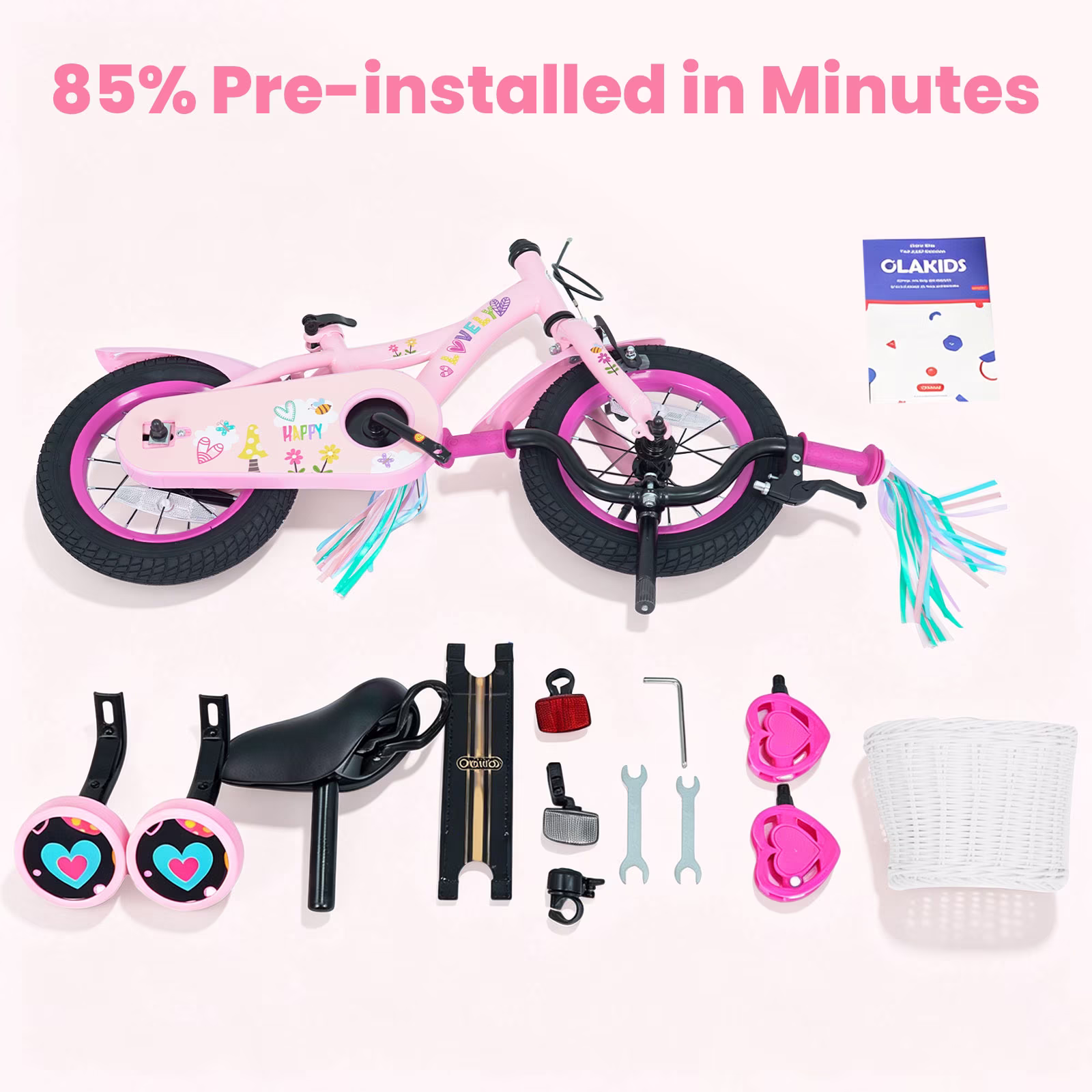 OLAKIDS Kids Bike, 12 14 16 18 Inch Sweet Heart Theme Girls Bicycle with Training Wheels Carry Handle Adjustable Handlebar Seat Basket Streamers - Image 5