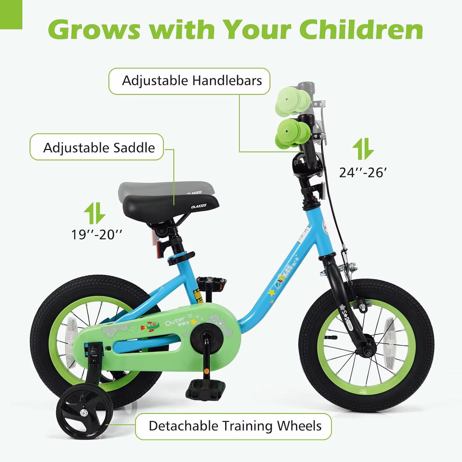 OLAKIDS Kids Bike, 12 14 16 Inch Toddler Bicycle with Training Wheels, Space Theme Children Bike with Adjustable Seat Handlebar Handbrake Coaster Brake Safety Bell for Boys Girls 3 - Image 4